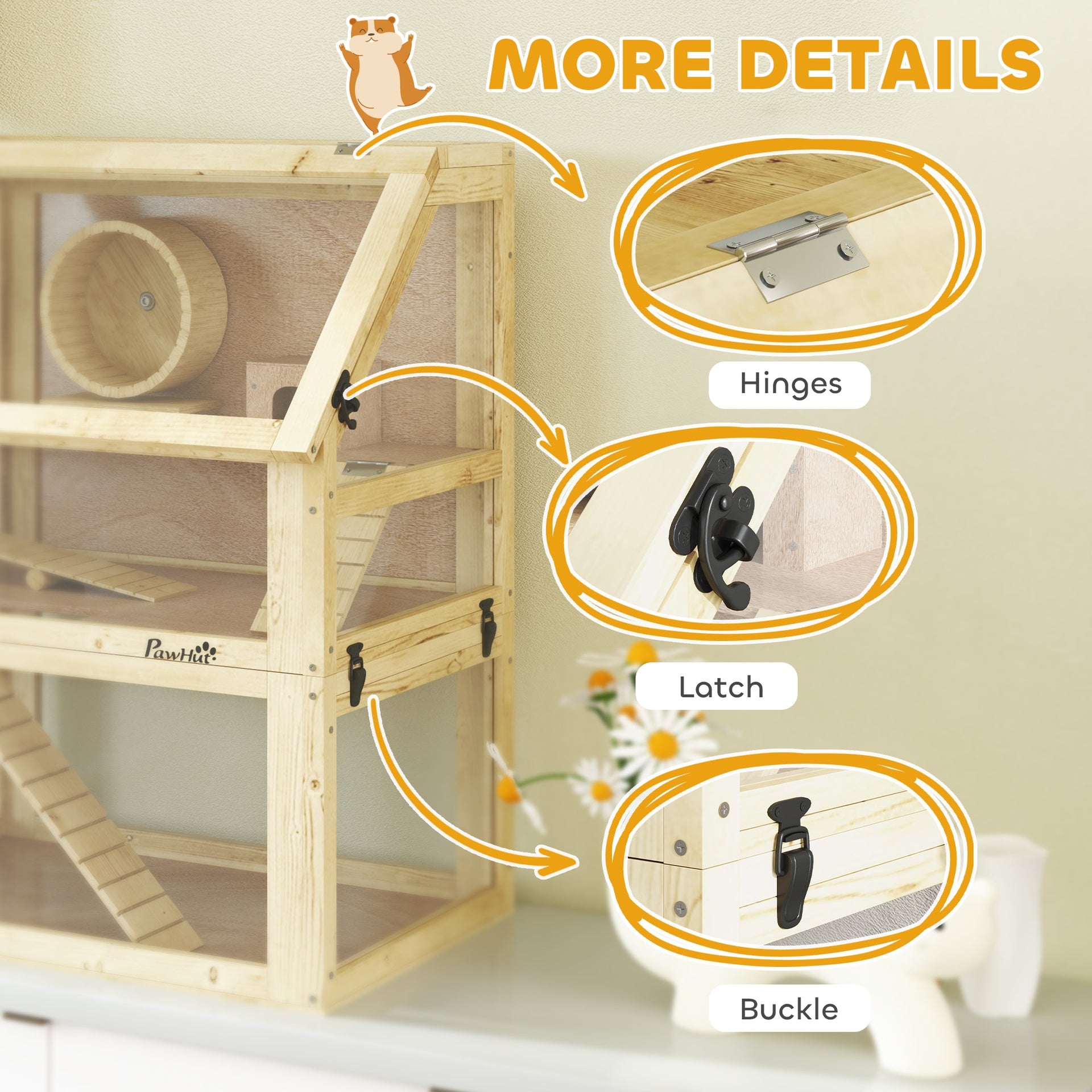PawHut 3 Tier Wooden Hamster Cage w/ Detachable Bottom, Hut, Seesaw, Exercise Wheel, Ramps, 24" x 16" x 29.5"