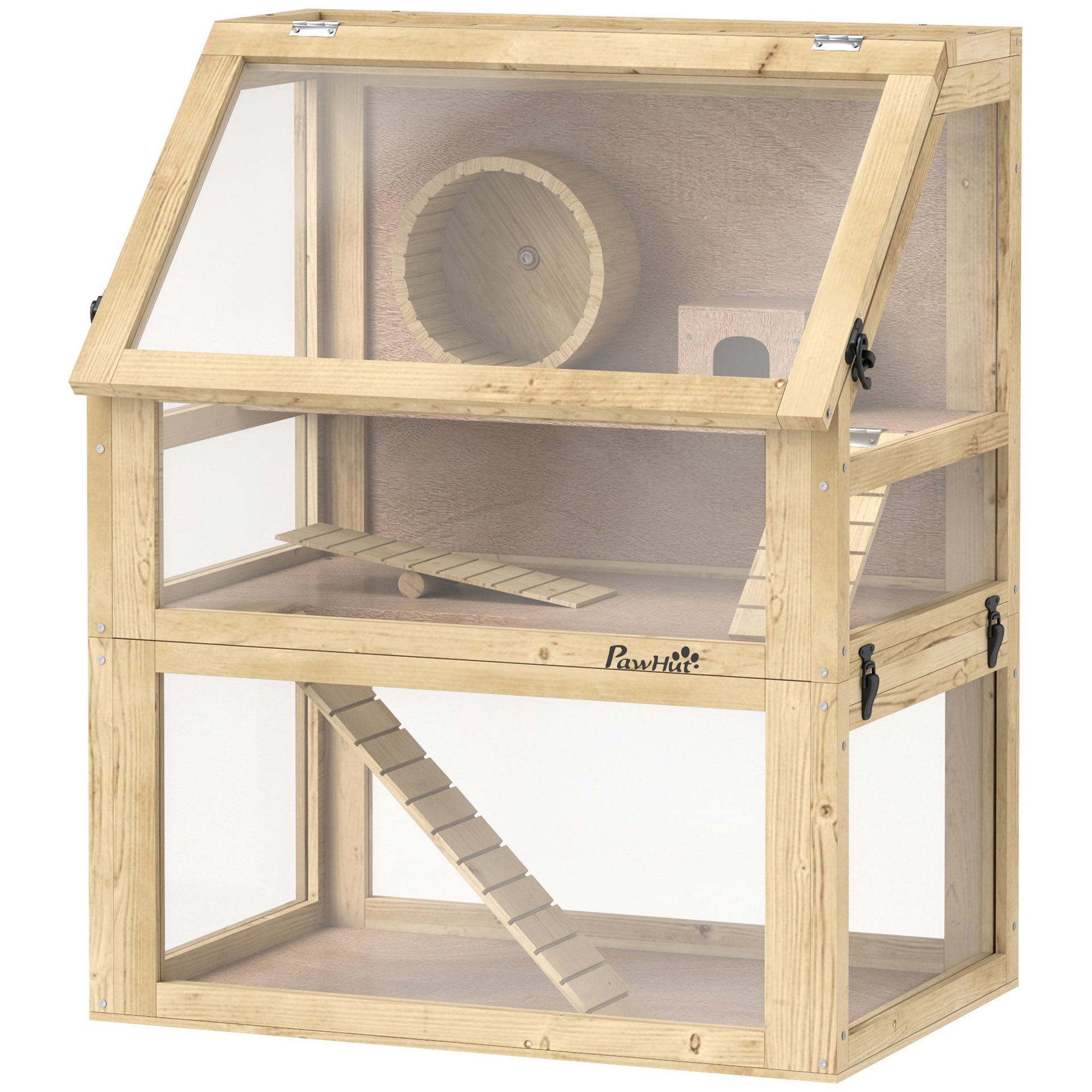 PawHut 3 Tier Wooden Hamster Cage w/ Detachable Bottom, Hut, Seesaw, Exercise Wheel, Ramps, 24" x 16" x 29.5"