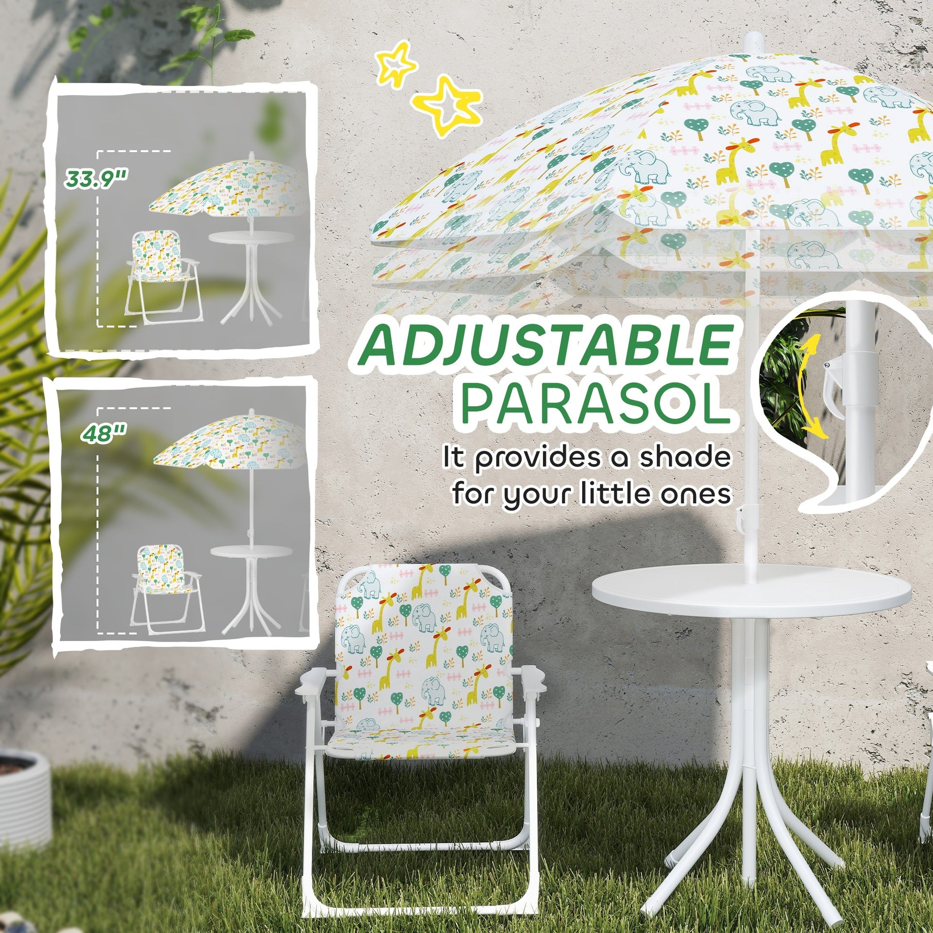 Qaba Kids Picnic Table and Chair Set, Outdoor Activity Table with Foldable Chairs, Removable Umbrella for Backyard, White