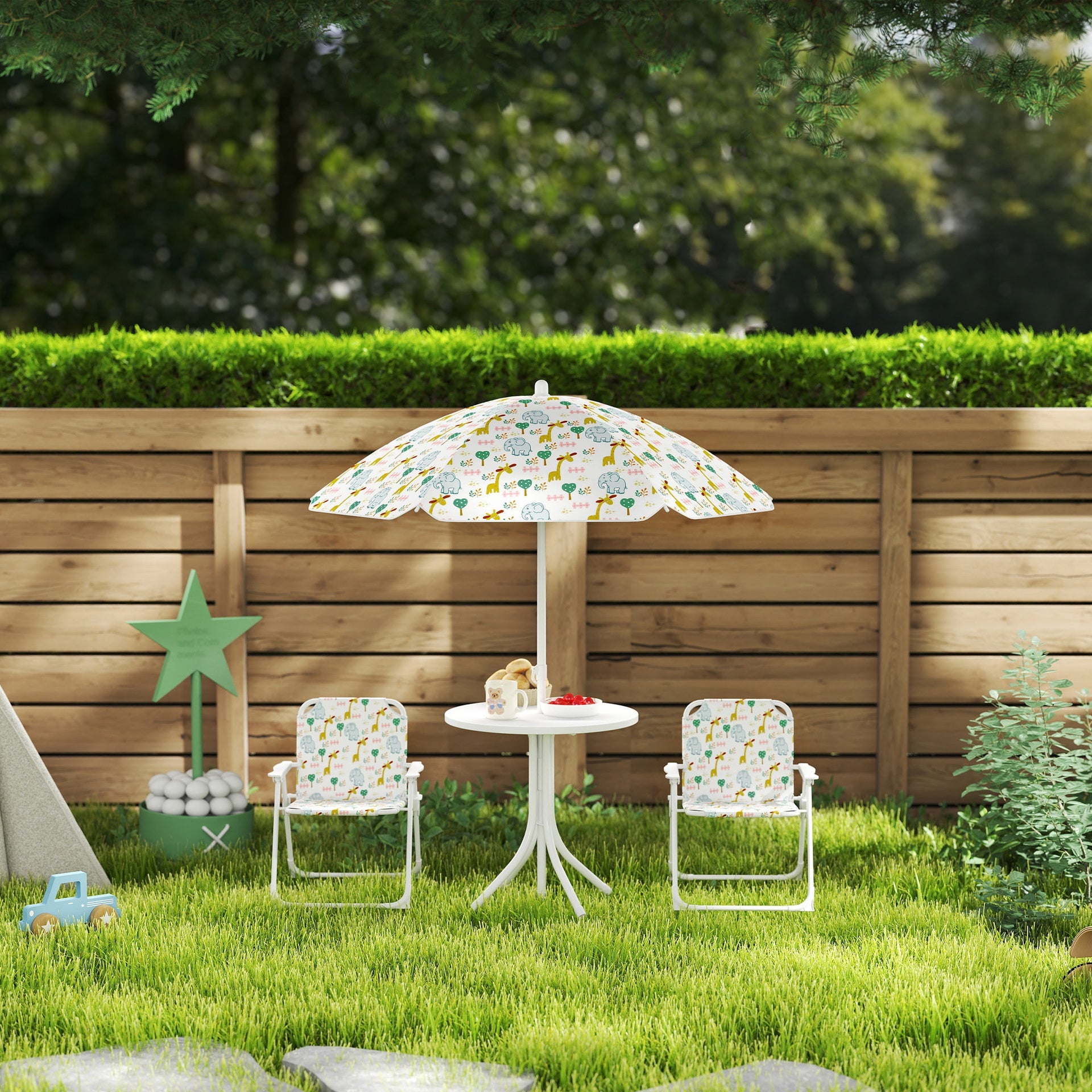 Qaba Kids Picnic Table and Chair Set, Outdoor Activity Table with Foldable Chairs, Removable Umbrella for Backyard, White