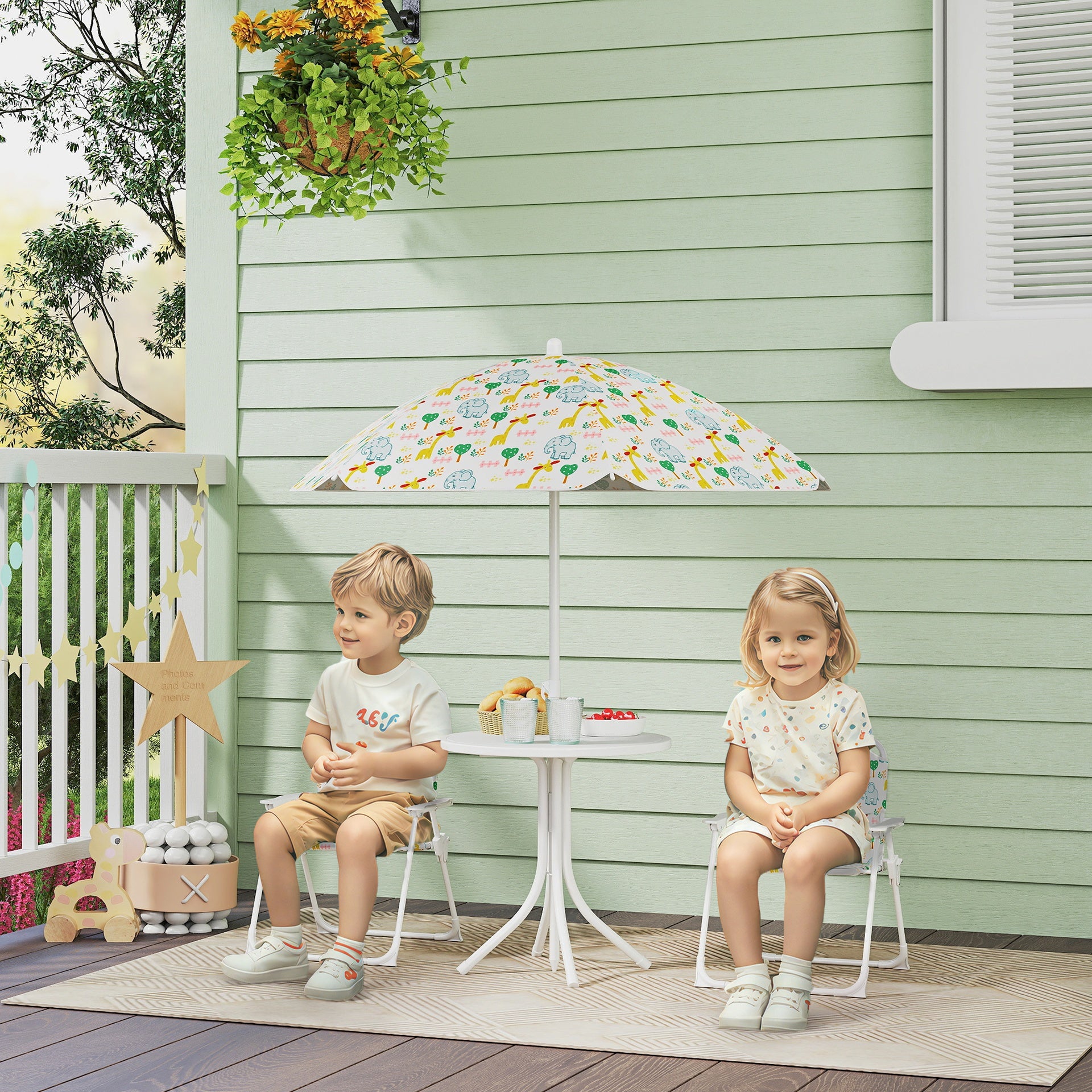 Qaba Kids Picnic Table and Chair Set, Outdoor Activity Table with Foldable Chairs, Removable Umbrella for Backyard, White