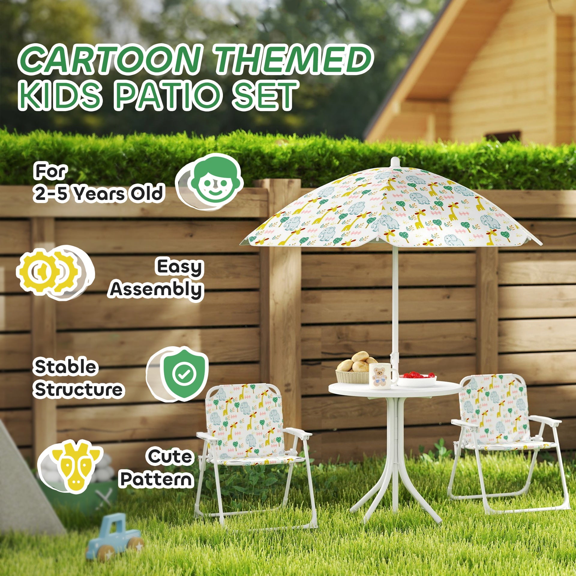Qaba Kids Picnic Table and Chair Set, Outdoor Activity Table with Foldable Chairs, Removable Umbrella for Backyard, White