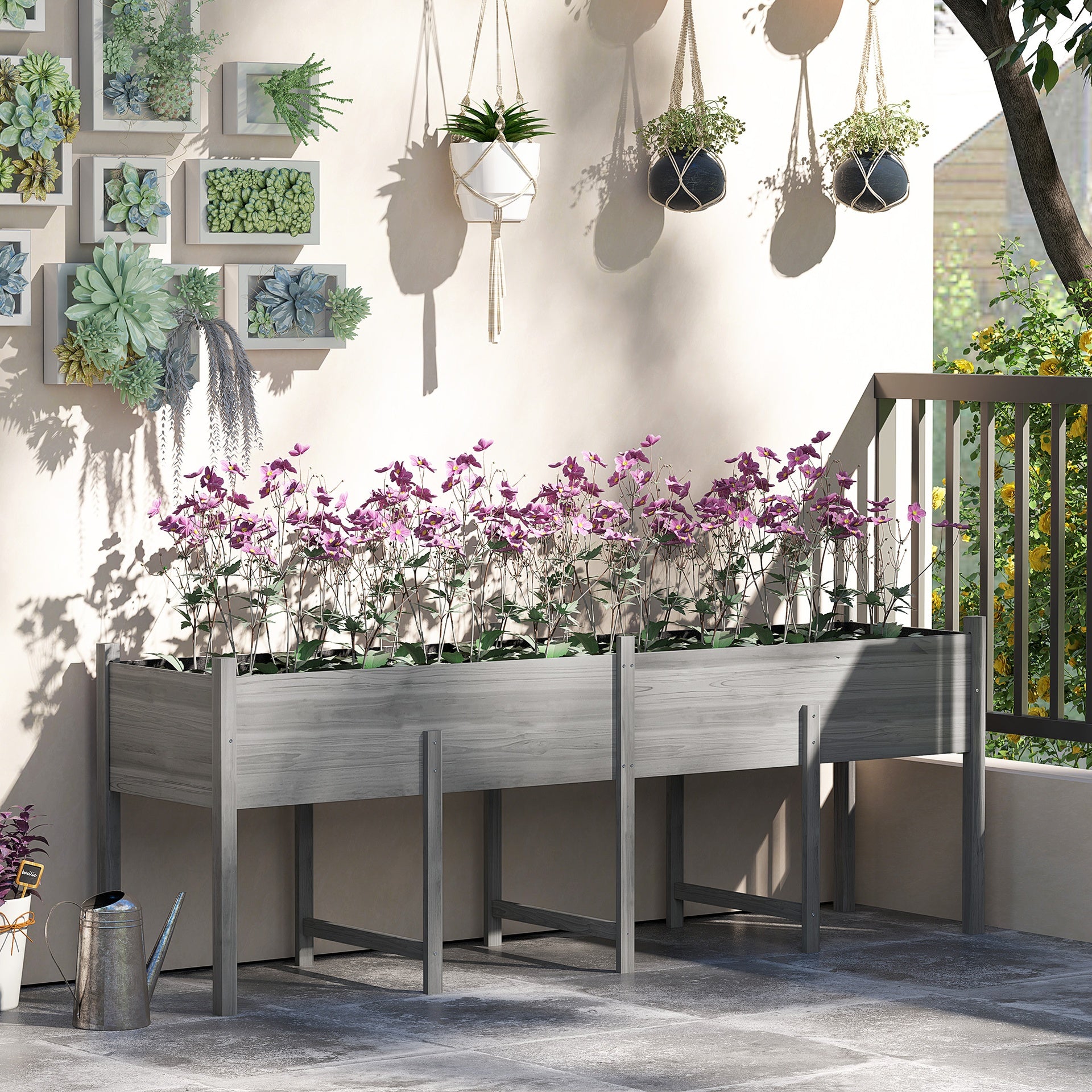 Outsunny Wooden Raised Garden Bed, Large Elevated Planter Box with Legs, Bed Liner and Drain Holes, 7.4' x 1.8' x 2.6', Gray