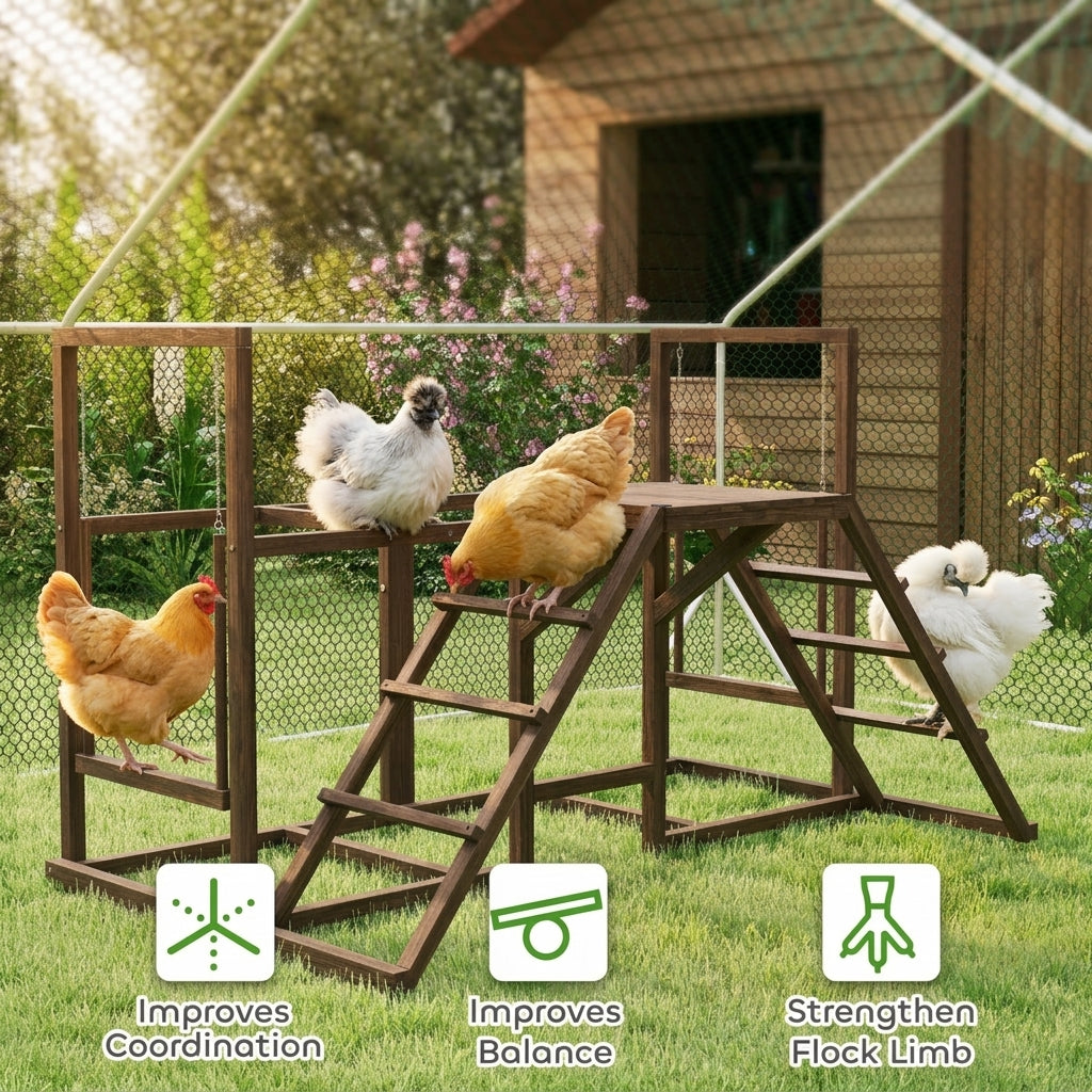PawHut Chicken Activity Play Set with Multiple Chicken Perches, Swing, Ladder, Platform for 3-4 Chickens, Coffee