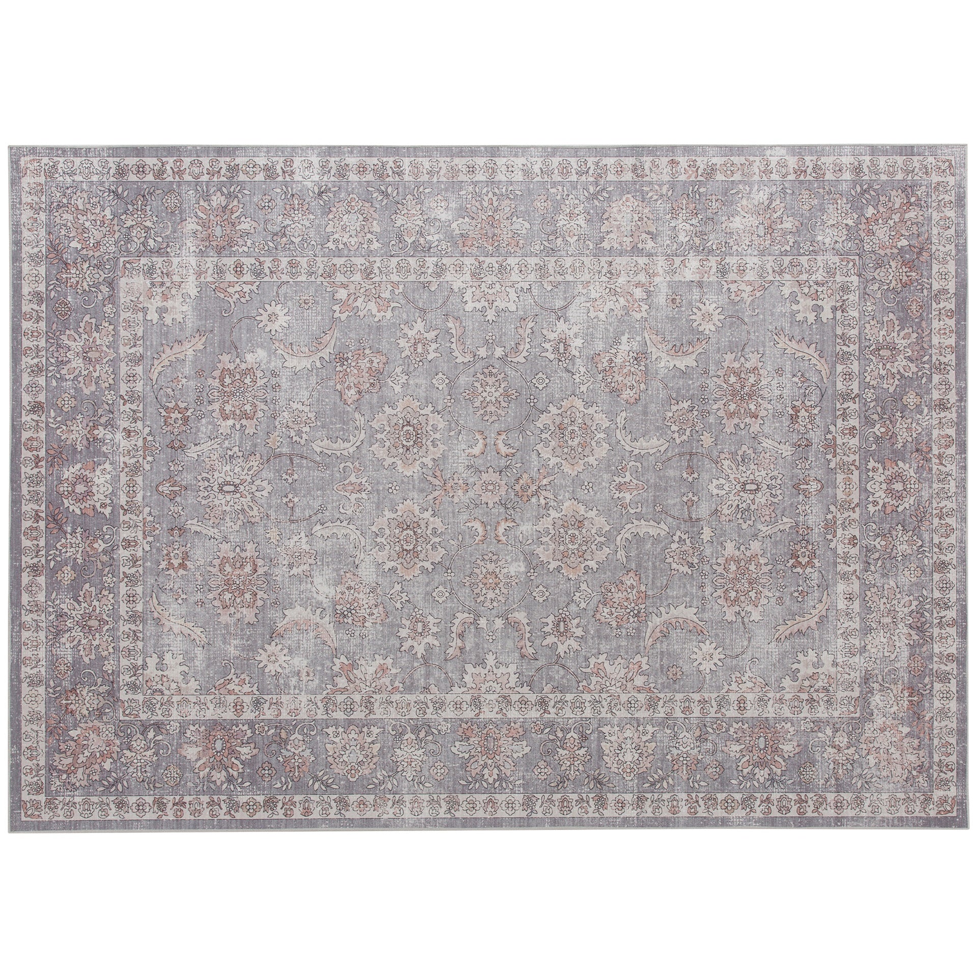 HOMCOM Machine Washable Area Rug 8x10, Non-Slip Traditional Flower Print Floor Carpet for Living Room, Bedroom, Grey and Brown