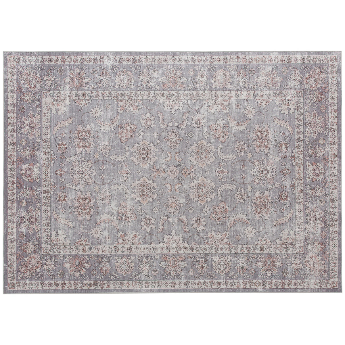 HOMCOM Machine Washable Area Rug 8x10, Non-Slip Traditional Flower Print Floor Carpet for Living Room, Bedroom, Grey and Brown