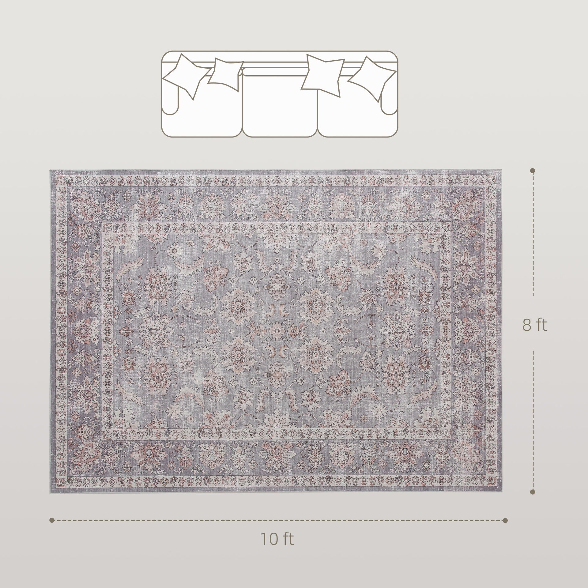 HOMCOM Machine Washable Area Rug 8x10, Non-Slip Traditional Flower Print Floor Carpet for Living Room, Bedroom, Grey and Brown