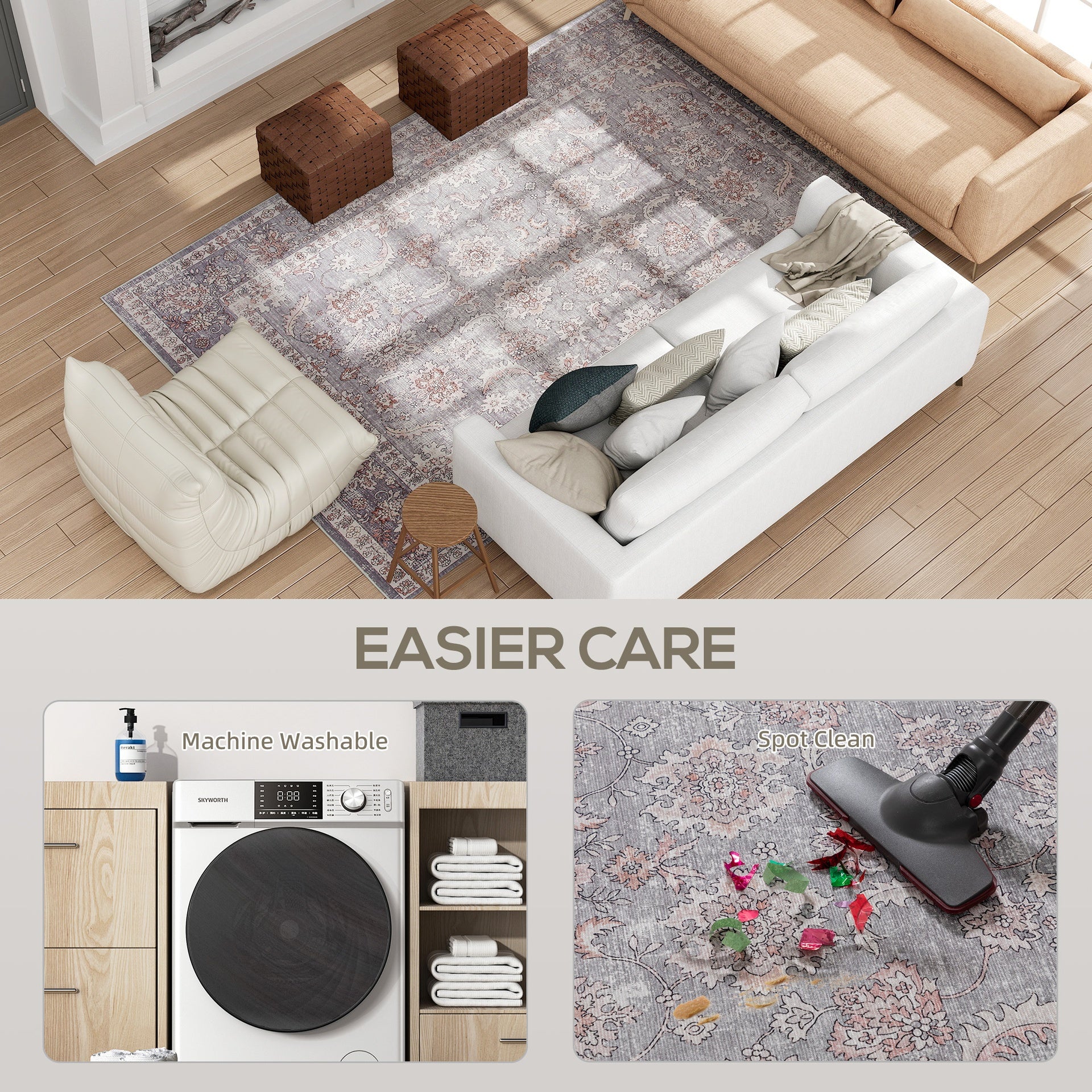 HOMCOM Machine Washable Area Rug 8x10, Non-Slip Traditional Flower Print Floor Carpet for Living Room, Bedroom, Grey and Brown