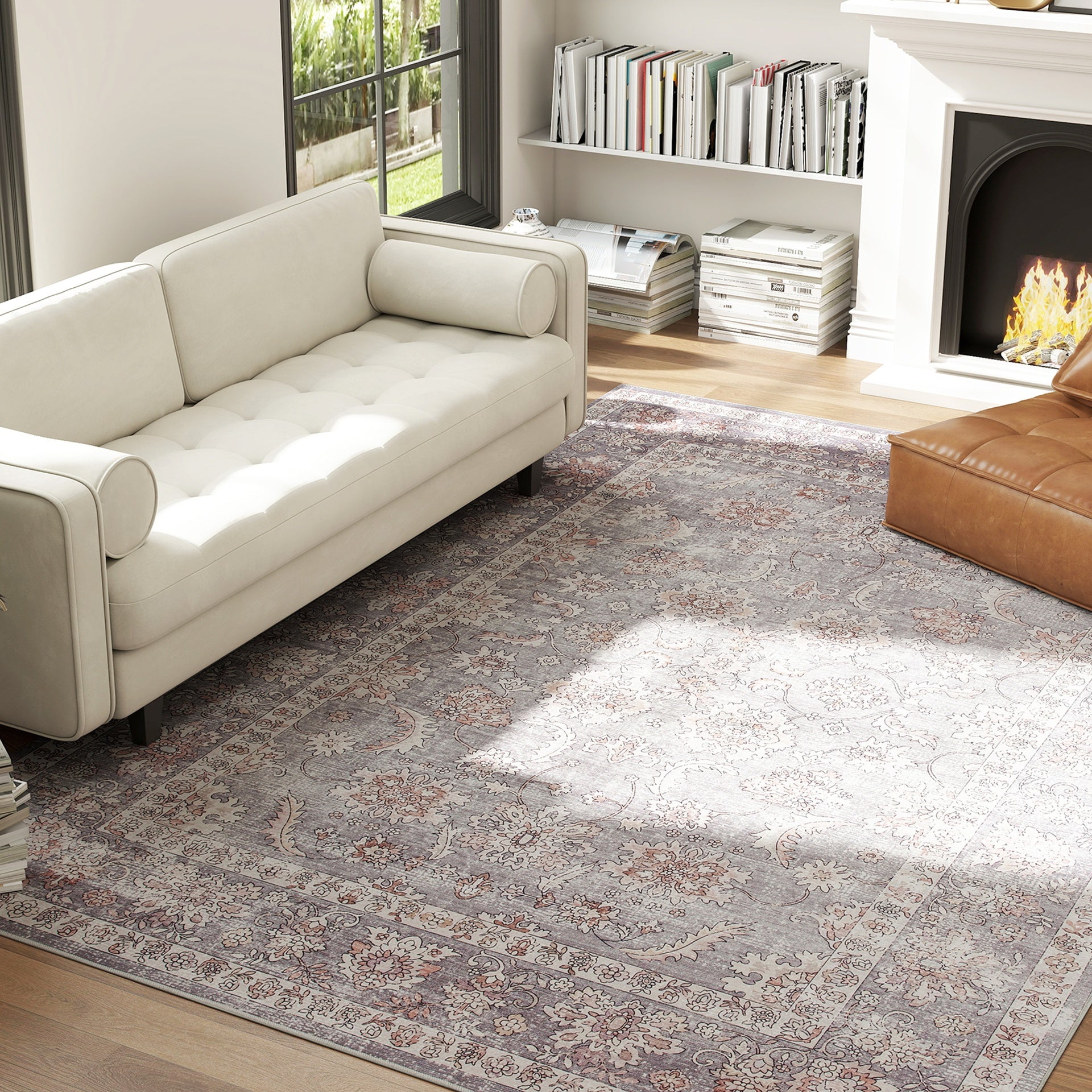 HOMCOM Machine Washable Area Rug 8x10, Non-Slip Traditional Flower Print Floor Carpet for Living Room, Bedroom, Grey and Brown