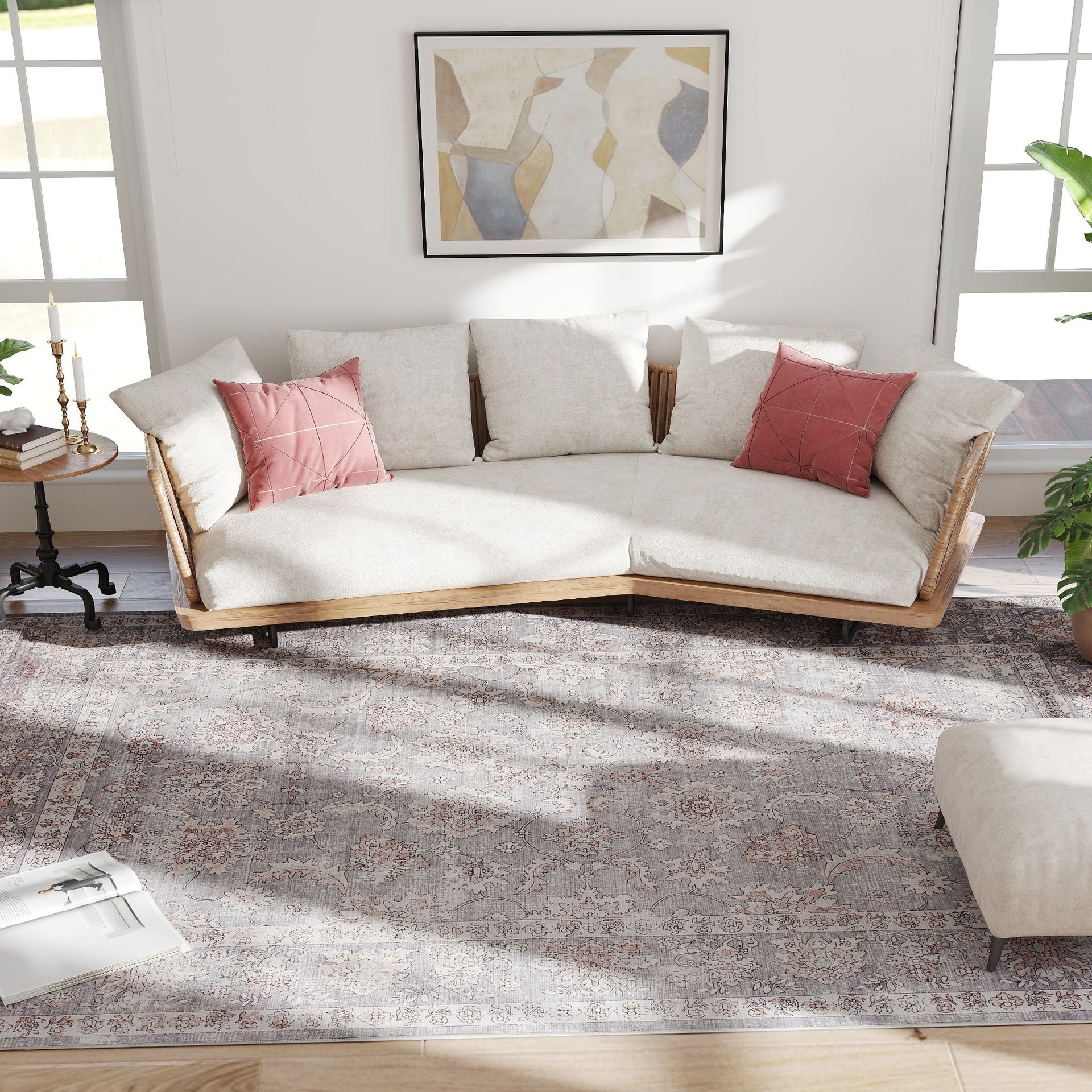 HOMCOM Machine Washable Area Rug 8x10, Non-Slip Traditional Flower Print Floor Carpet for Living Room, Bedroom, Grey and Brown