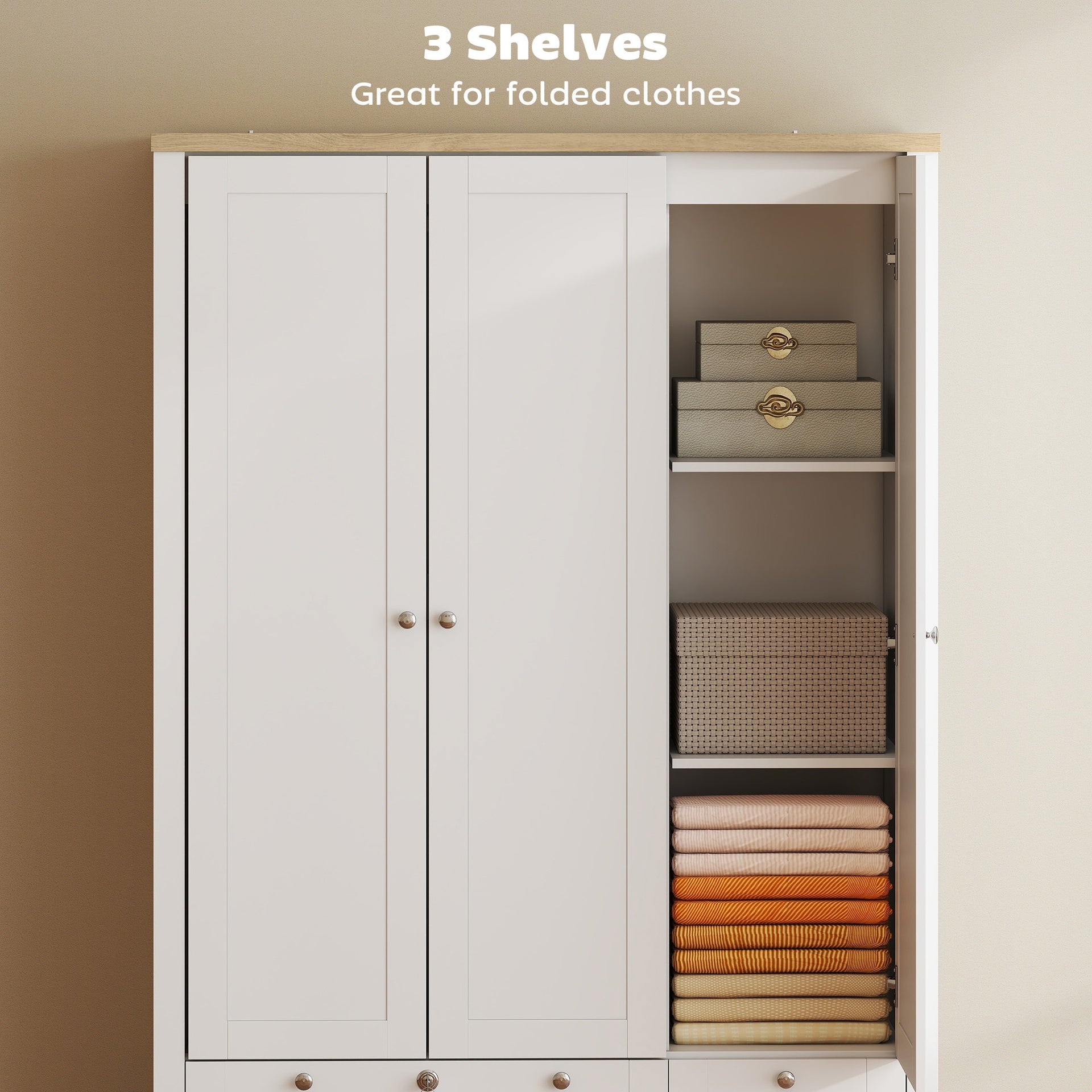 HOMCOM 3 Doors Wardrobe Closet with 2 Drawers, Bedroom Armoire with Lockable Drawer, Hanging Rod and Storage Shelves, White