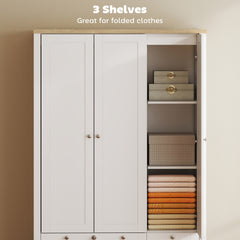 HOMCOM 3 Doors Wardrobe Closet with 2 Drawers, Bedroom Armoire with Lockable Drawer, Hanging Rod and Storage Shelves, White