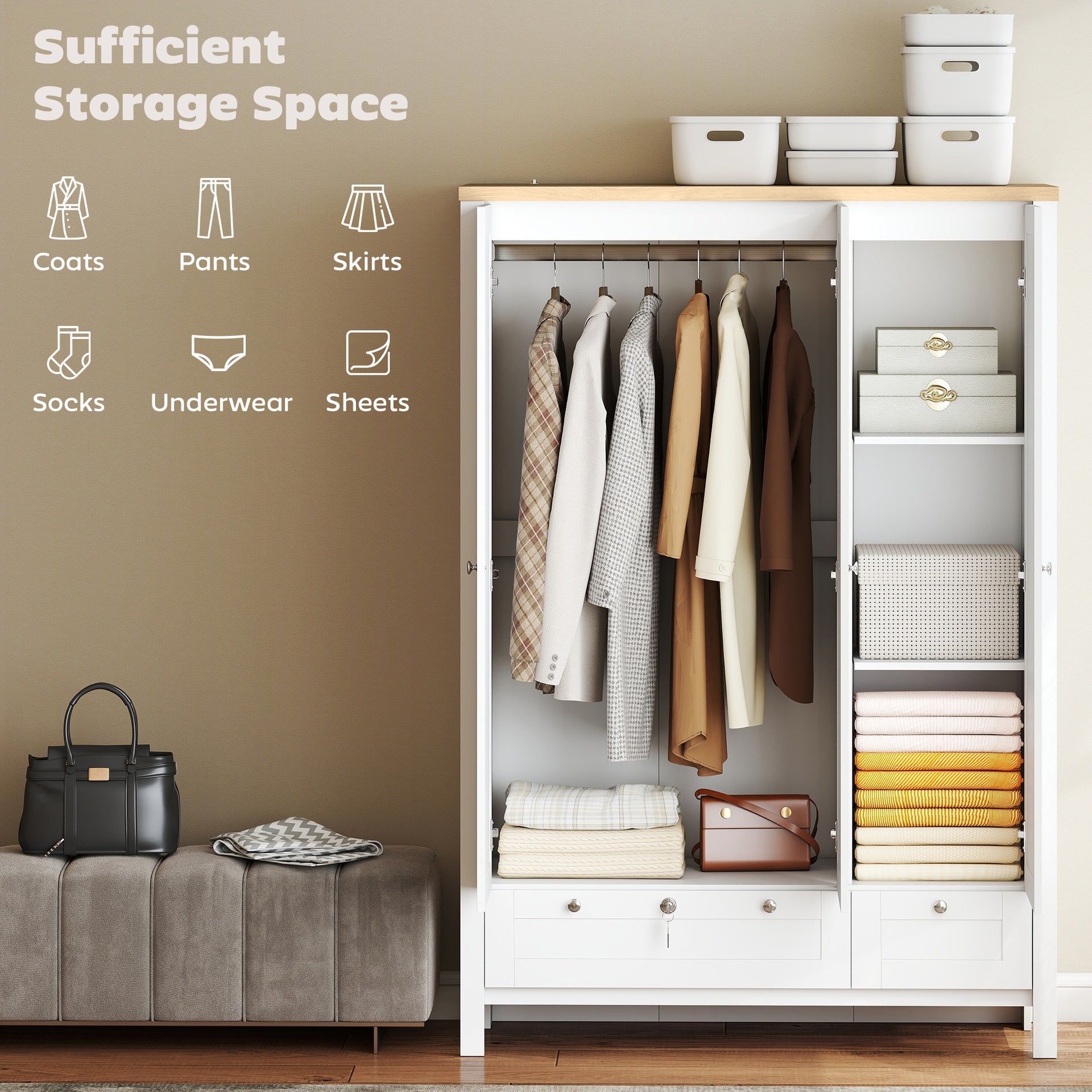 HOMCOM 3 Doors Wardrobe Closet with 2 Drawers, Bedroom Armoire with Lockable Drawer, Hanging Rod and Storage Shelves, White