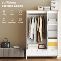 HOMCOM 3 Doors Wardrobe Closet with 2 Drawers, Bedroom Armoire with Lockable Drawer, Hanging Rod and Storage Shelves, White