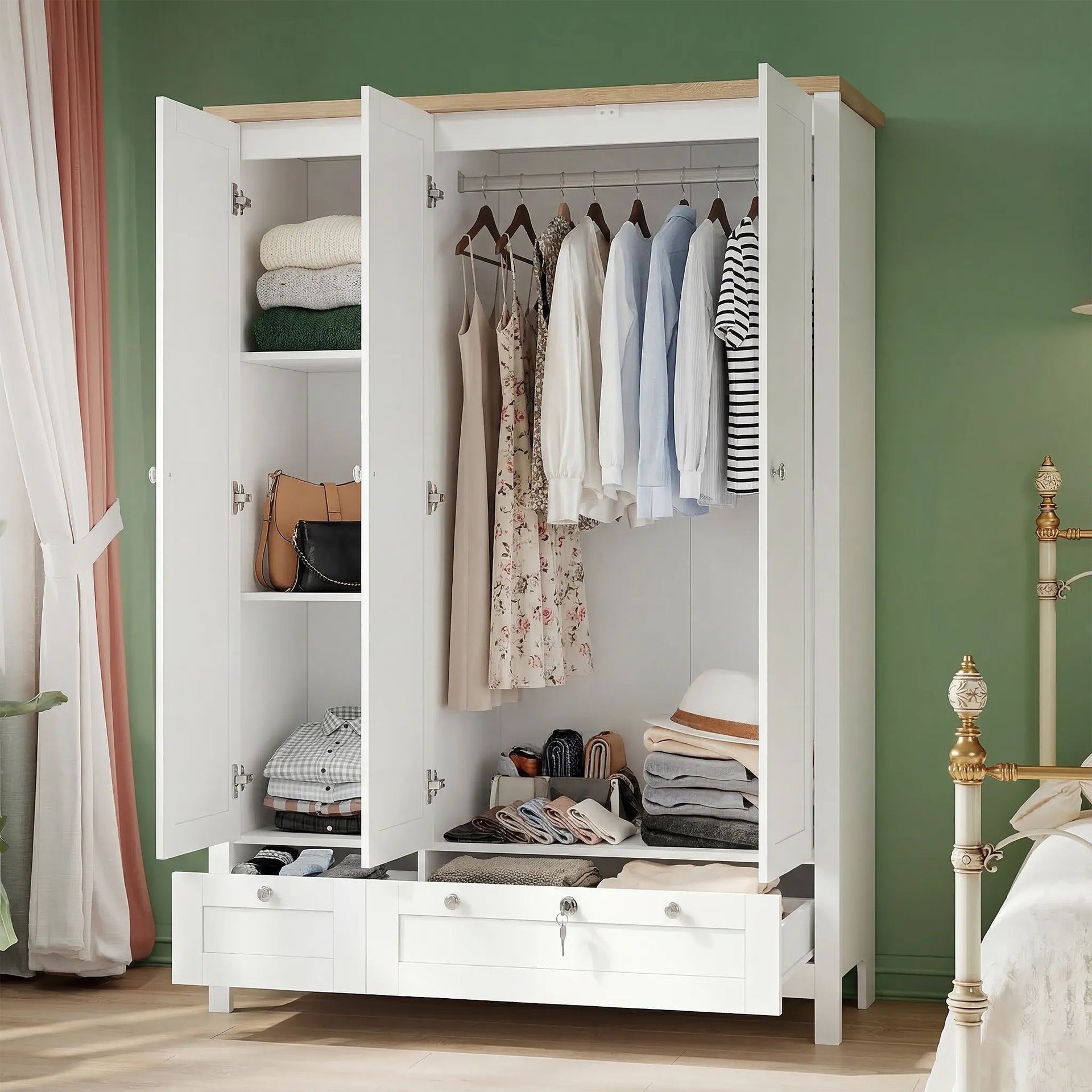 HOMCOM 3 Doors Wardrobe Closet with 2 Drawers, Bedroom Armoire with Lockable Drawer, Hanging Rod and Storage Shelves, White