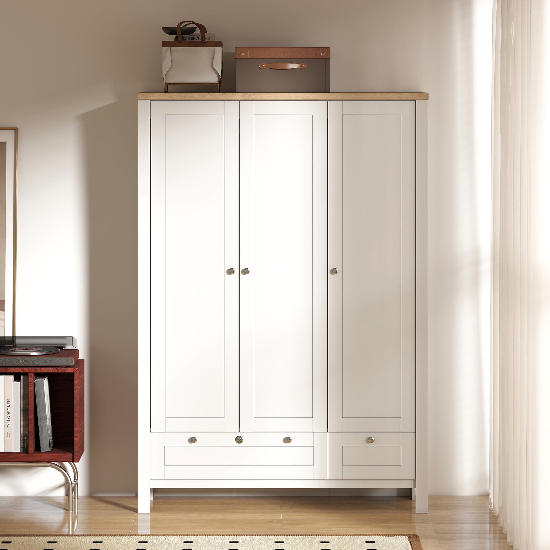 HOMCOM 3 Doors Wardrobe Closet with 2 Drawers, Bedroom Armoire with Lockable Drawer, Hanging Rod and Storage Shelves, White