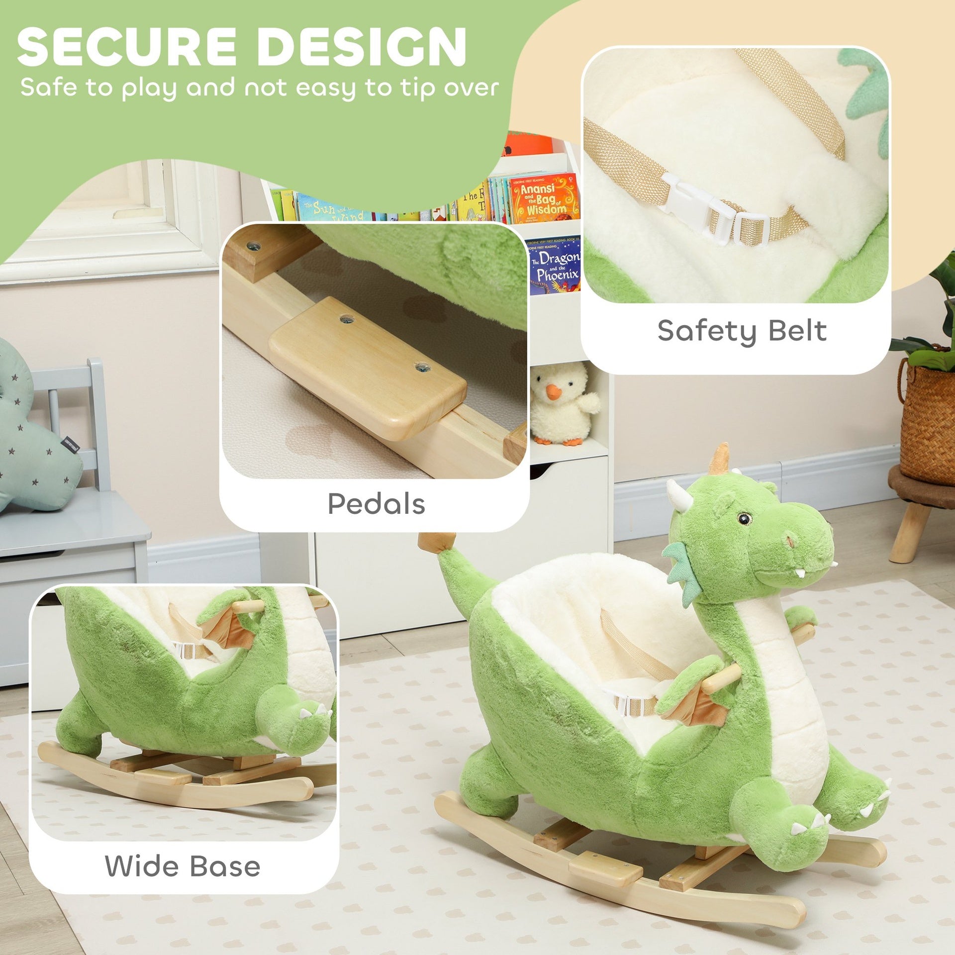 Qaba Baby Rocking Horse, Kids Ride On Dragon Toy with Realistic Dragon Roar and Safety Belt for Kids 18–36 Months, Green
