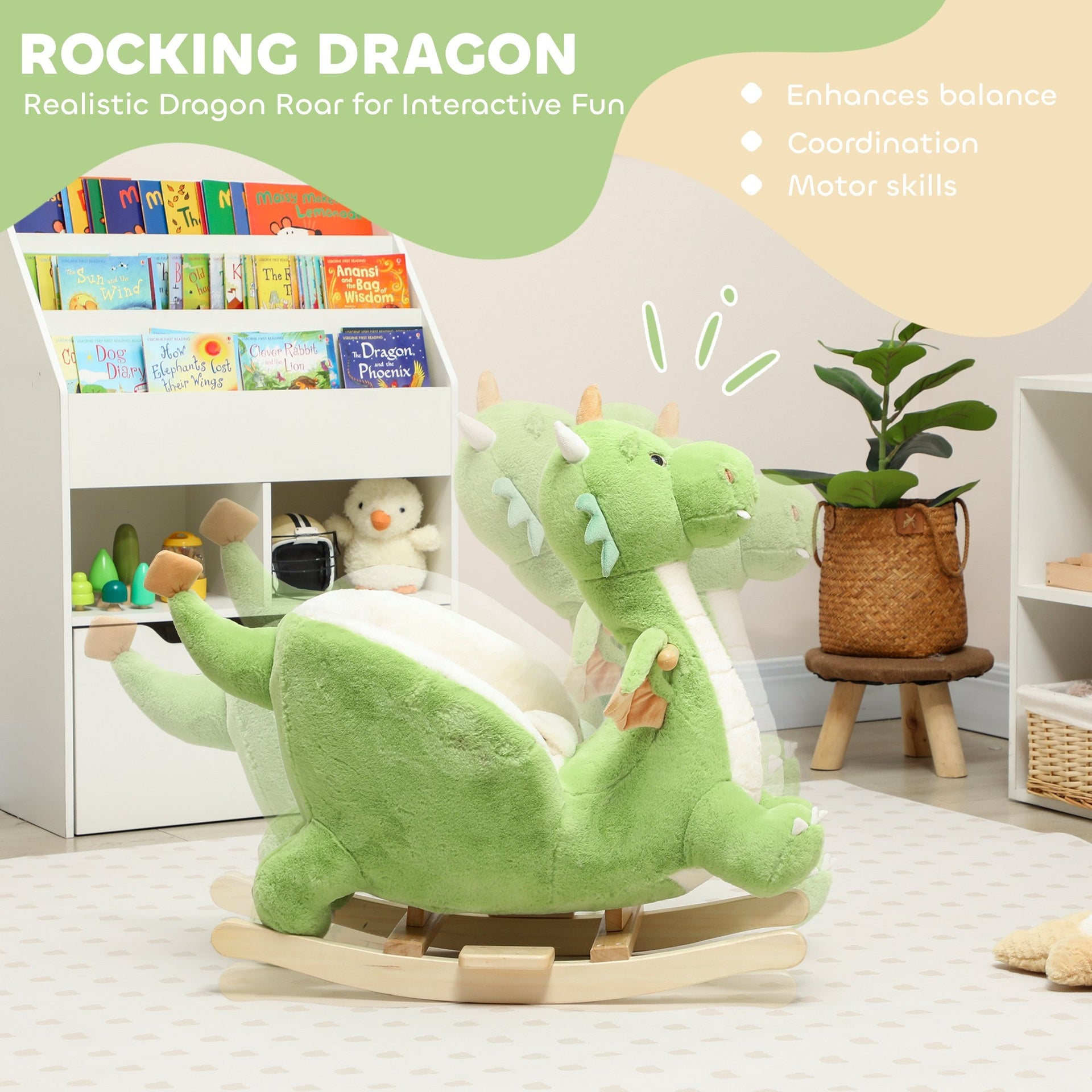 Qaba Baby Rocking Horse, Kids Ride On Dragon Toy with Realistic Dragon Roar and Safety Belt for Kids 18–36 Months, Green