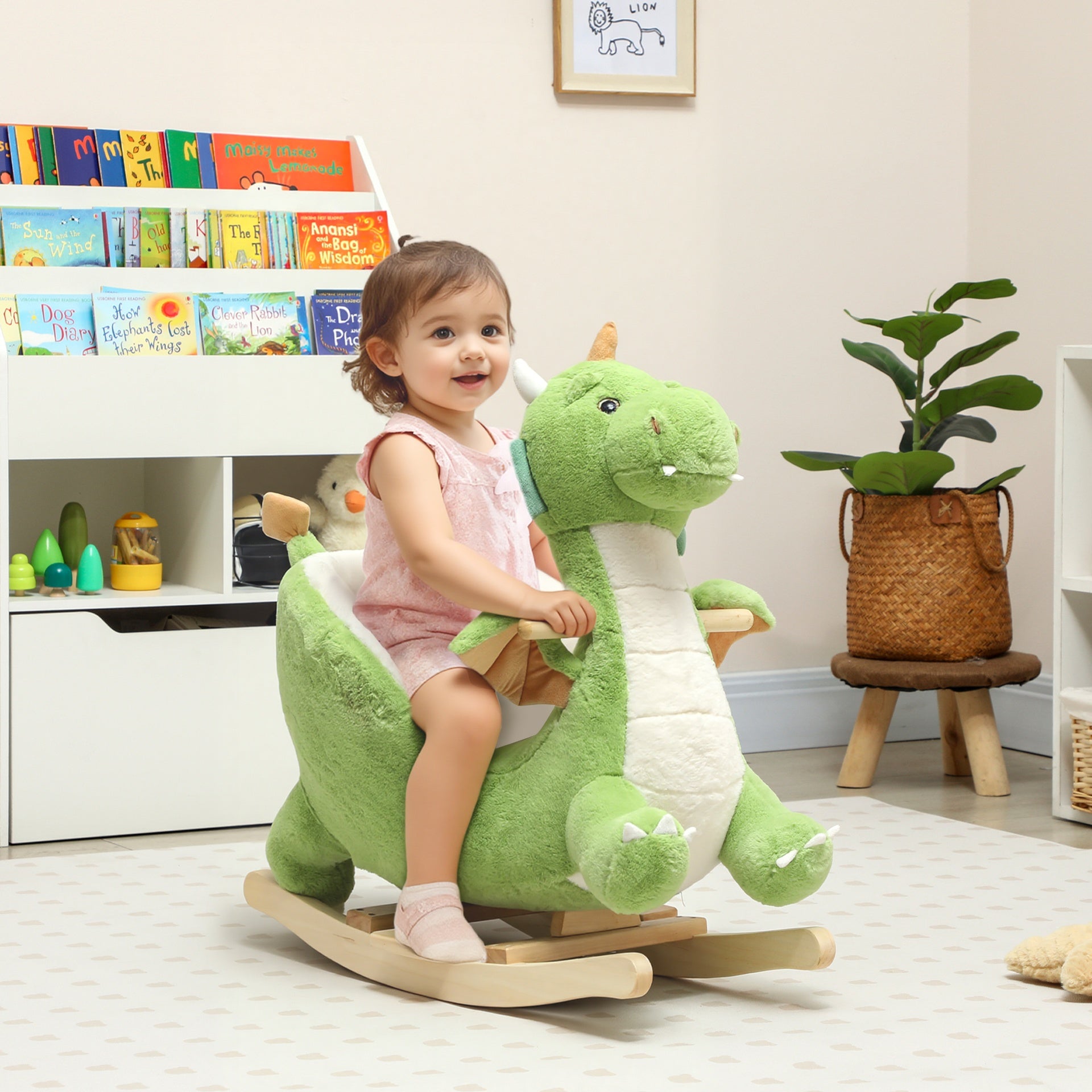 Qaba Baby Rocking Horse, Kids Ride On Dragon Toy with Realistic Dragon Roar and Safety Belt for Kids 18–36 Months, Green