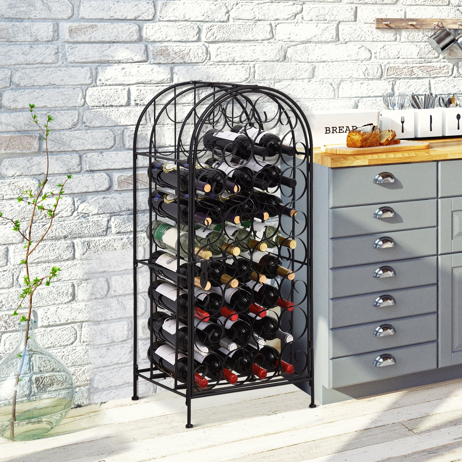 HOMCOM 35 Bottle Wrought Iron Wine Rack Cabinet with Lock,  Black