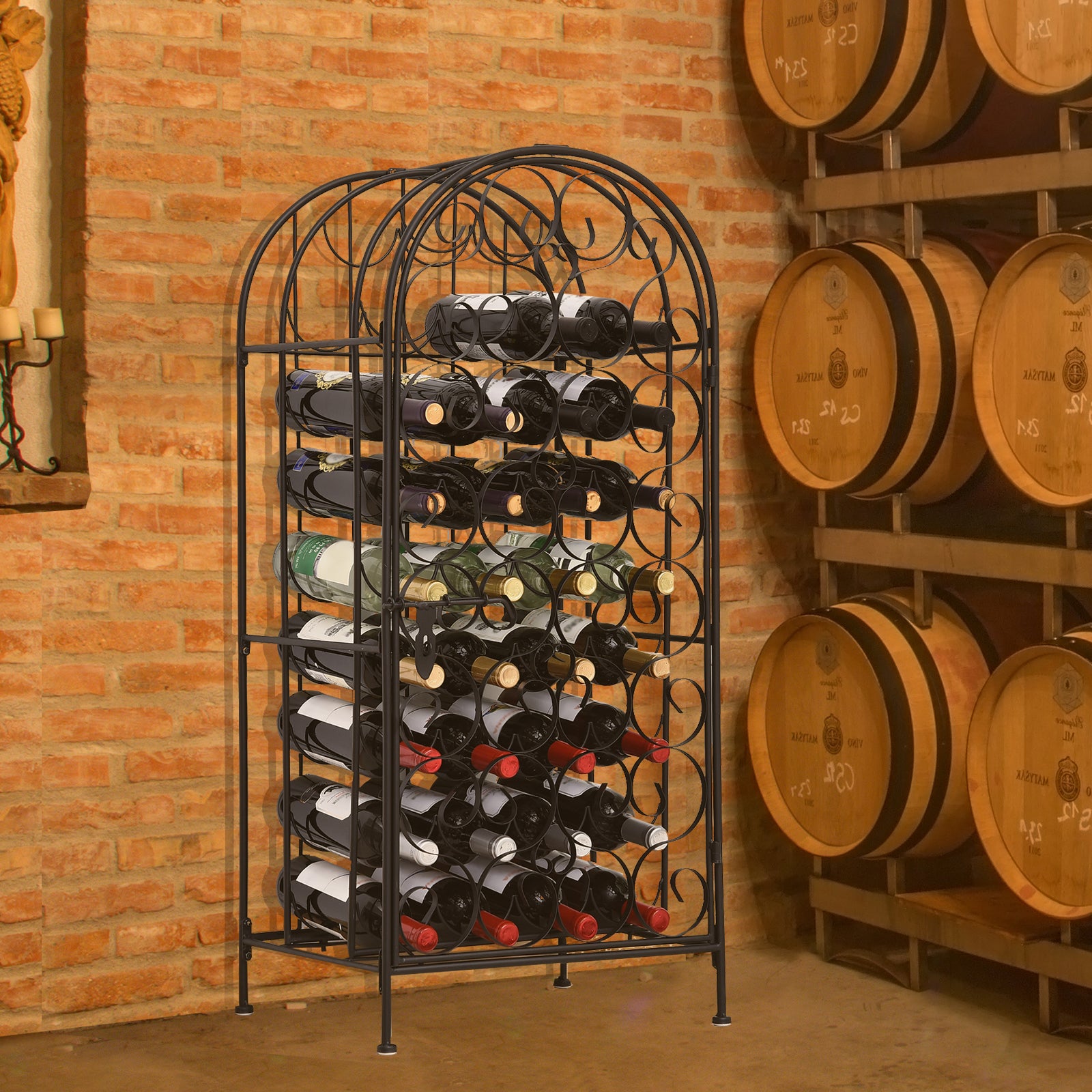 HOMCOM 35 Bottle Wrought Iron Wine Rack Cabinet with Lock,  Black