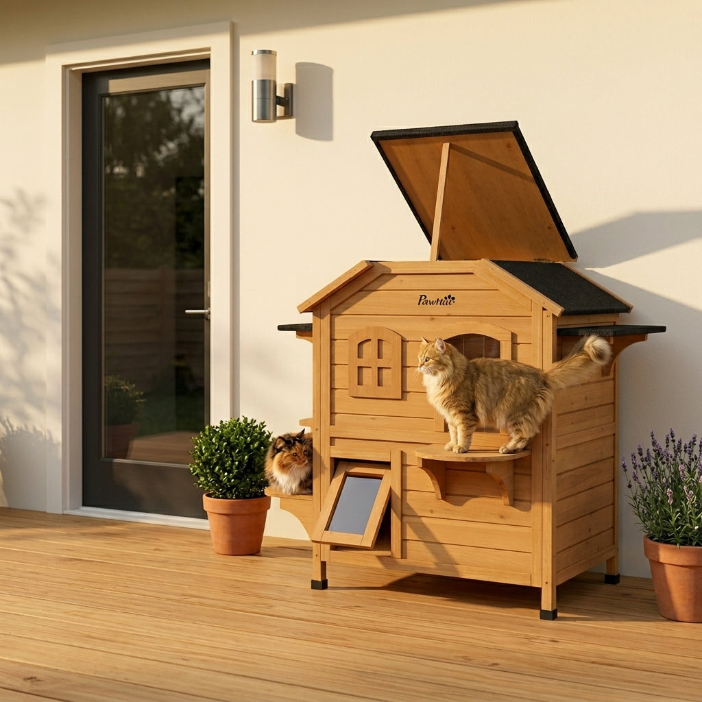 PawHut 2-story Cat House Outdoor, Weatherproof Wooden Cat Enclosure for Feral Cats with Escape Door, Openable Roof, Jumping Platforms, Natural