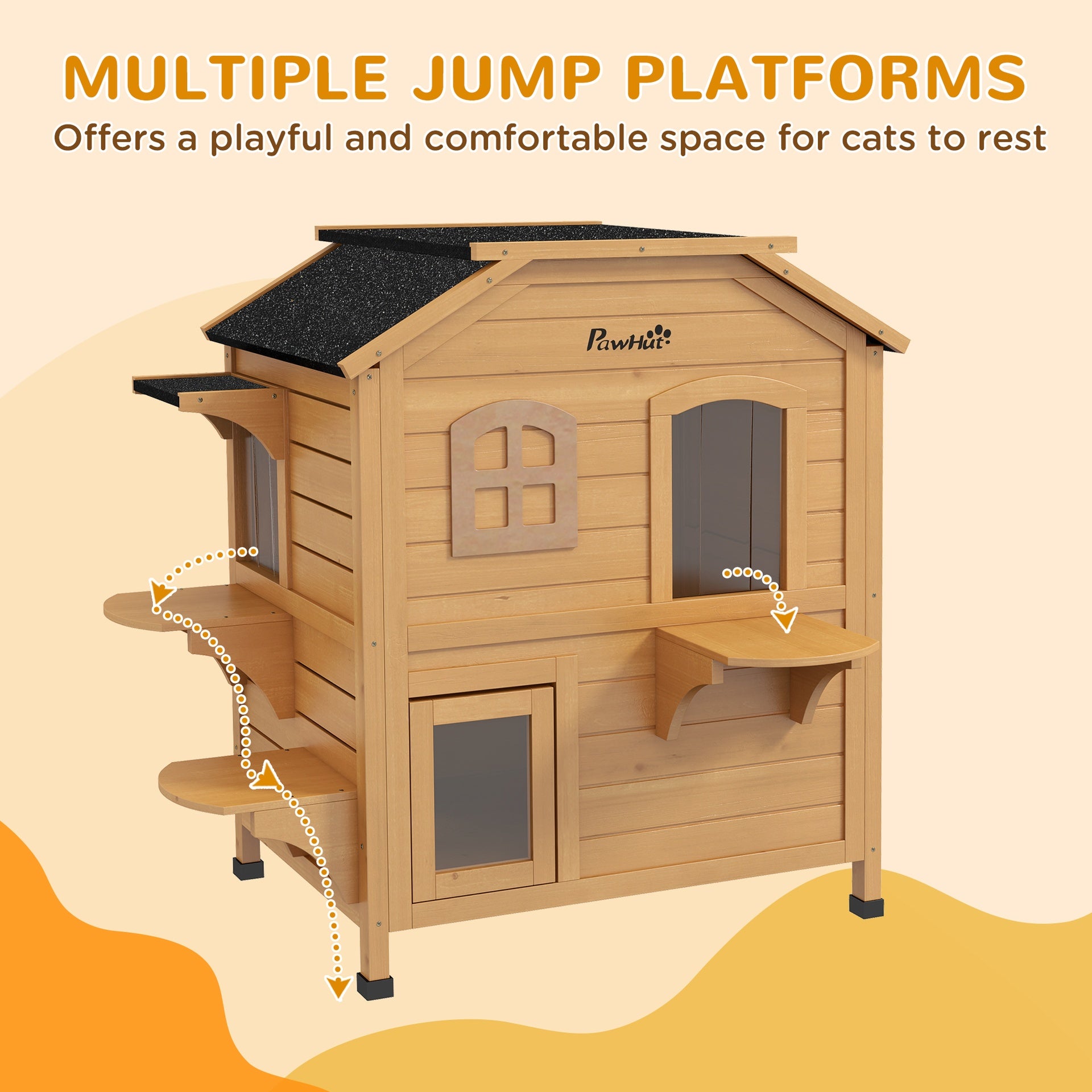PawHut 2-story Cat House Outdoor, Weatherproof Wooden Cat Enclosure for Feral Cats with Escape Door, Openable Roof, Jumping Platforms, Natural