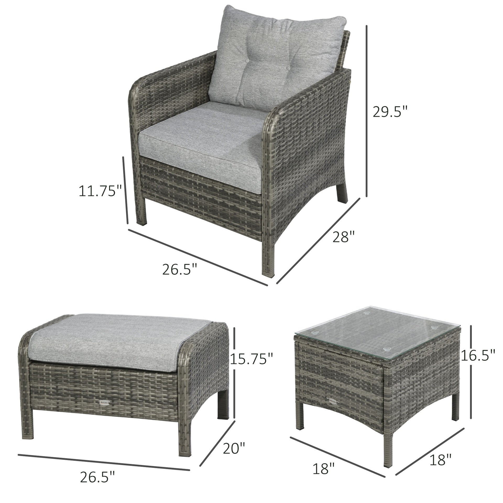 Outsunny 5 Pieces Rattan Wicker Lounge Chair Outdoor Patio Conversation Set with 2 Cushioned Chairs, 2 Ottomans and Tempered Glass Top Coffee Table, Gray/Light Gray