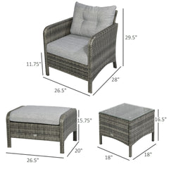 Outsunny 5 Pieces Rattan Wicker Lounge Chair Outdoor Patio Conversation Set with 2 Cushioned Chairs, 2 Ottomans and Tempered Glass Top Coffee Table, Gray/Light Gray