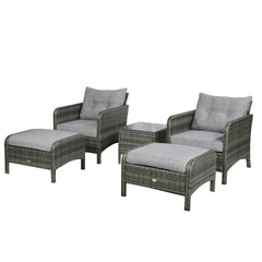 Outsunny 5 Pieces Rattan Wicker Lounge Chair Outdoor Patio Conversation Set with 2 Cushioned Chairs, 2 Ottomans and Tempered Glass Top Coffee Table, Gray/Light Gray
