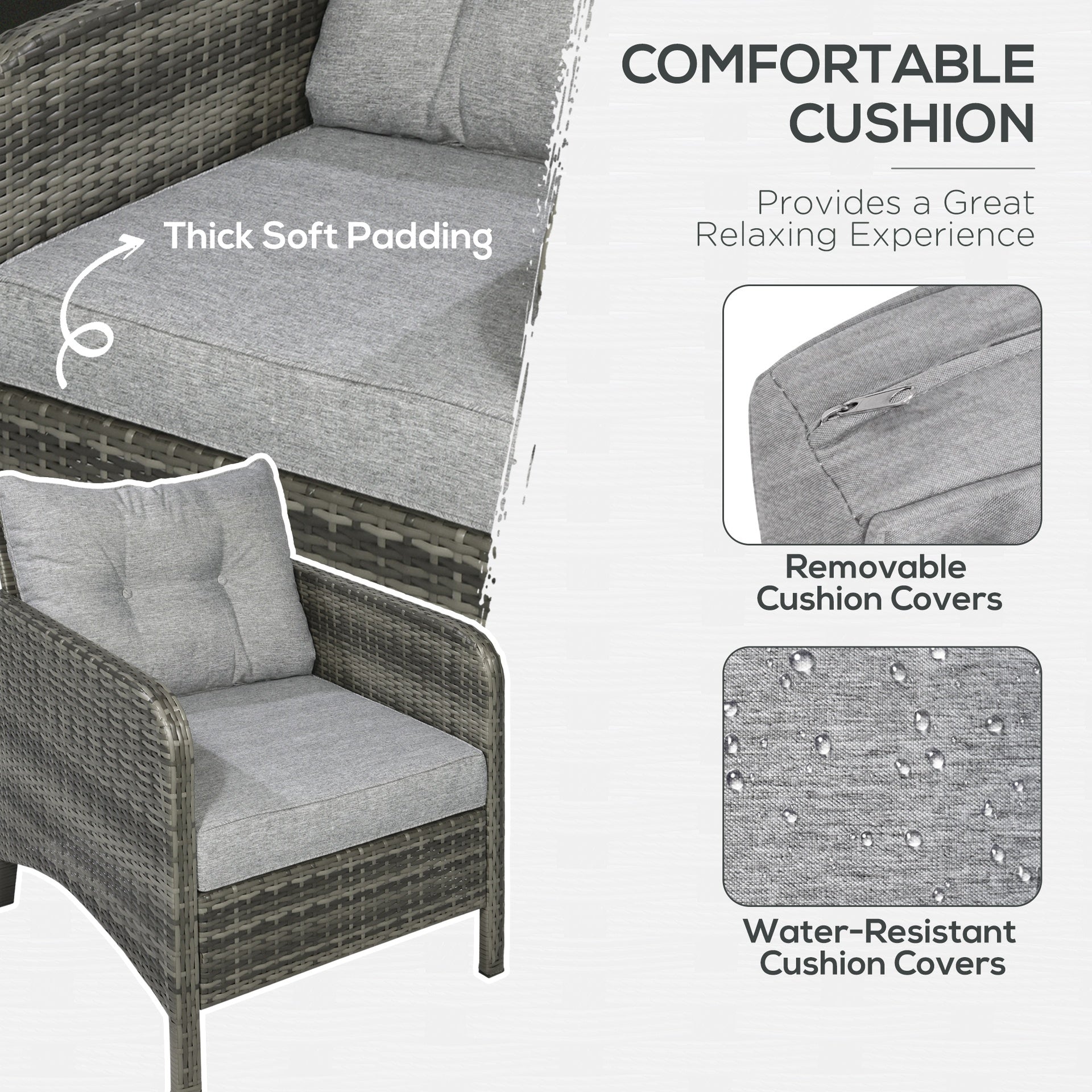Outsunny 5 Pieces Rattan Wicker Lounge Chair Outdoor Patio Conversation Set with 2 Cushioned Chairs, 2 Ottomans and Tempered Glass Top Coffee Table, Gray/Light Gray