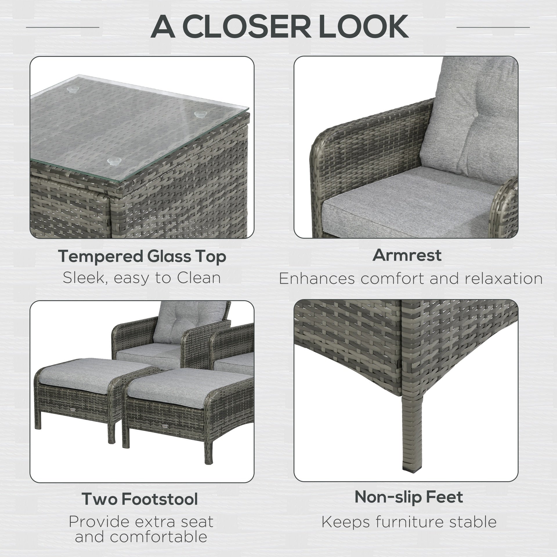 Outsunny 5 Pieces Rattan Wicker Lounge Chair Outdoor Patio Conversation Set with 2 Cushioned Chairs, 2 Ottomans and Tempered Glass Top Coffee Table, Gray/Light Gray