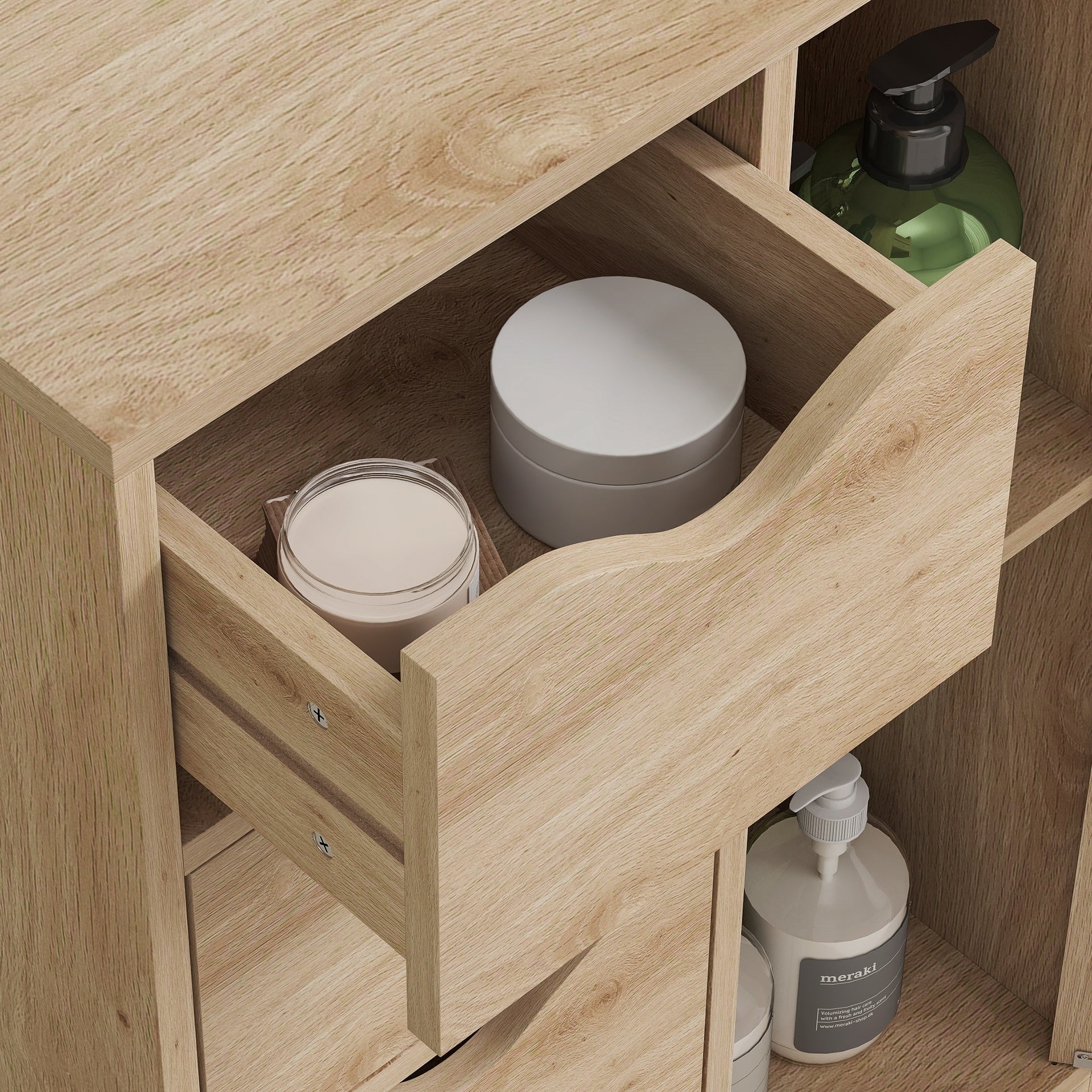 HOMCOM Freestanding Storage Cabinet, Bathroom Floor Cabinet with 4 Drawers and Door, Oak