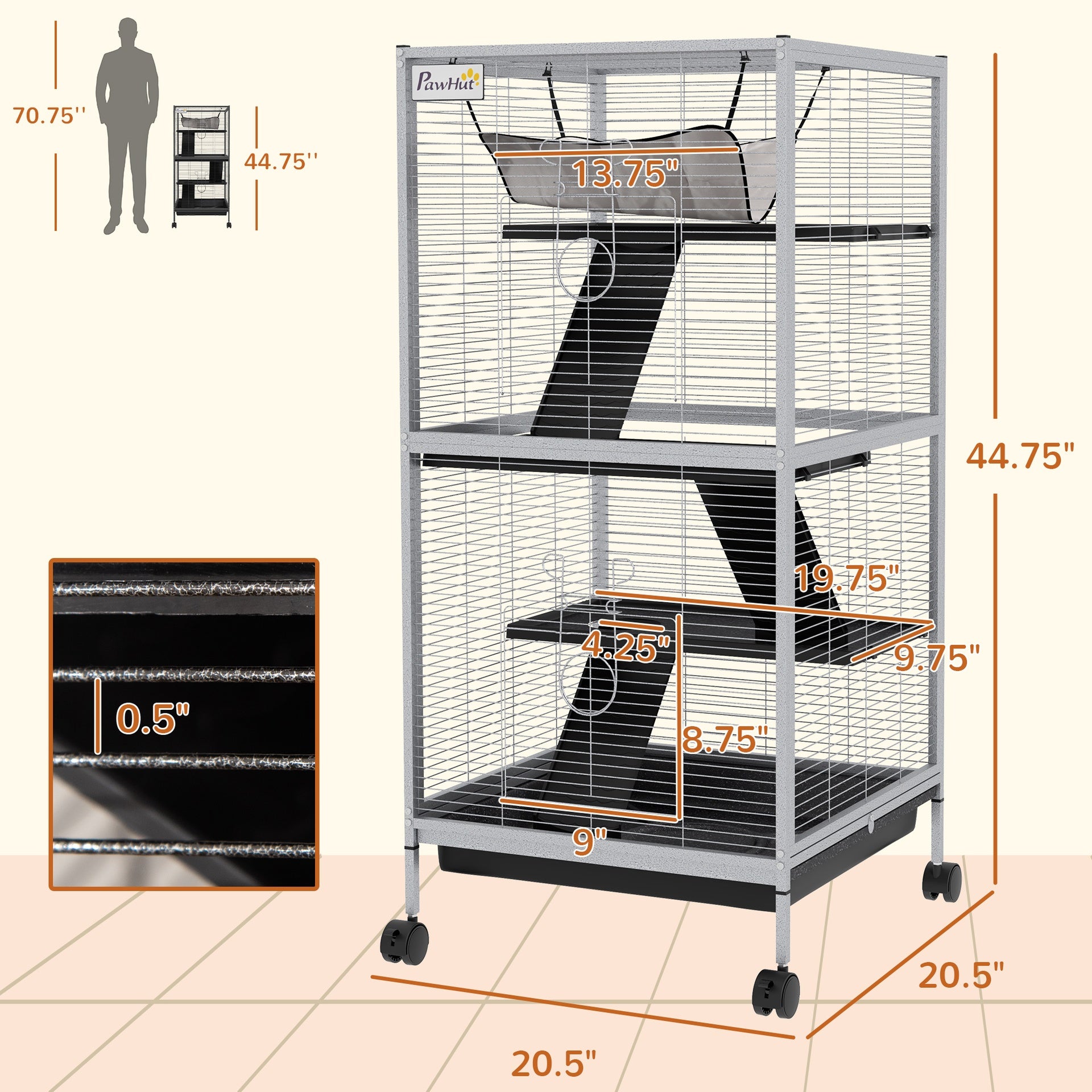 PawHut 45" H Rolling Small Animal Cage with Hammock, Ferret Cage, Chinchilla Cage, Pet Habitat with 6 Doors, Removable Tray
