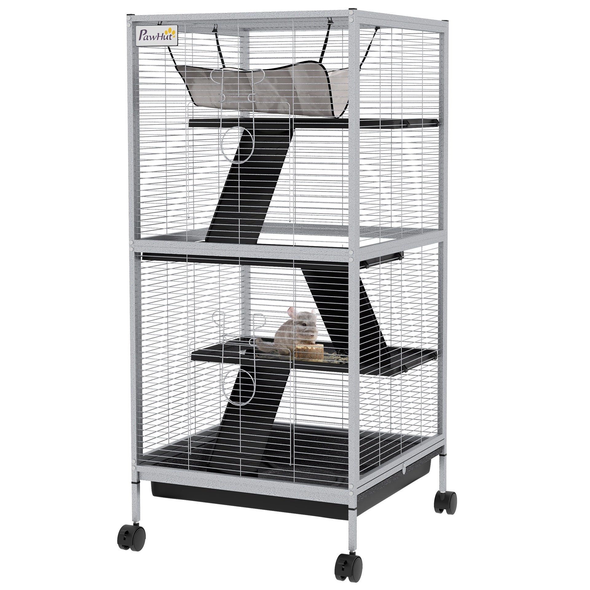 PawHut 45" H Rolling Small Animal Cage with Hammock, Ferret Cage, Chinchilla Cage, Pet Habitat with 6 Doors, Removable Tray