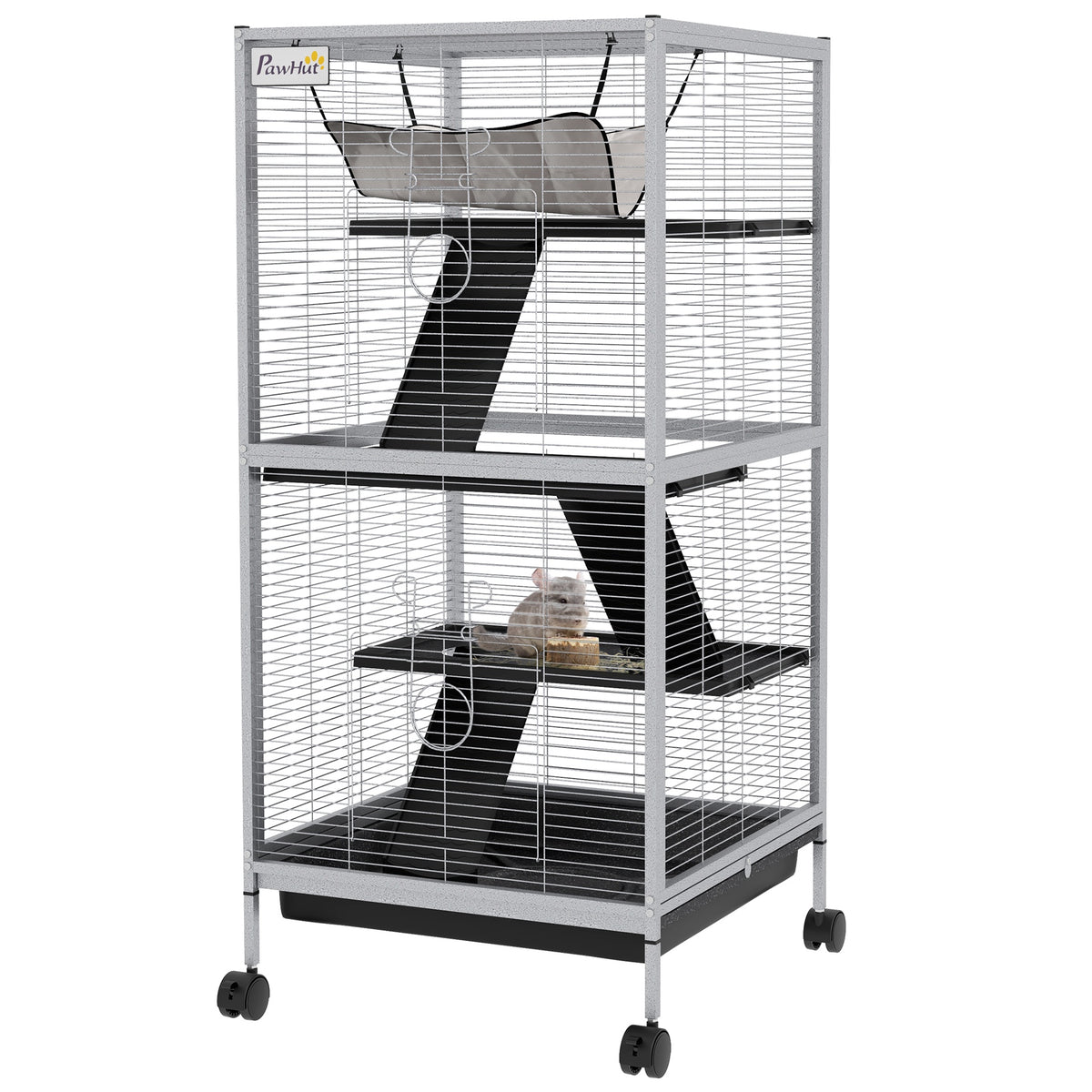 PawHut 45" H Rolling Small Animal Cage with Hammock, Ferret Cage, Chinchilla Cage, Pet Habitat with 6 Doors, Removable Tray