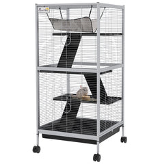 PawHut 45" H Rolling Small Animal Cage with Hammock, Ferret Cage, Chinchilla Cage, Pet Habitat with 6 Doors, Removable Tray
