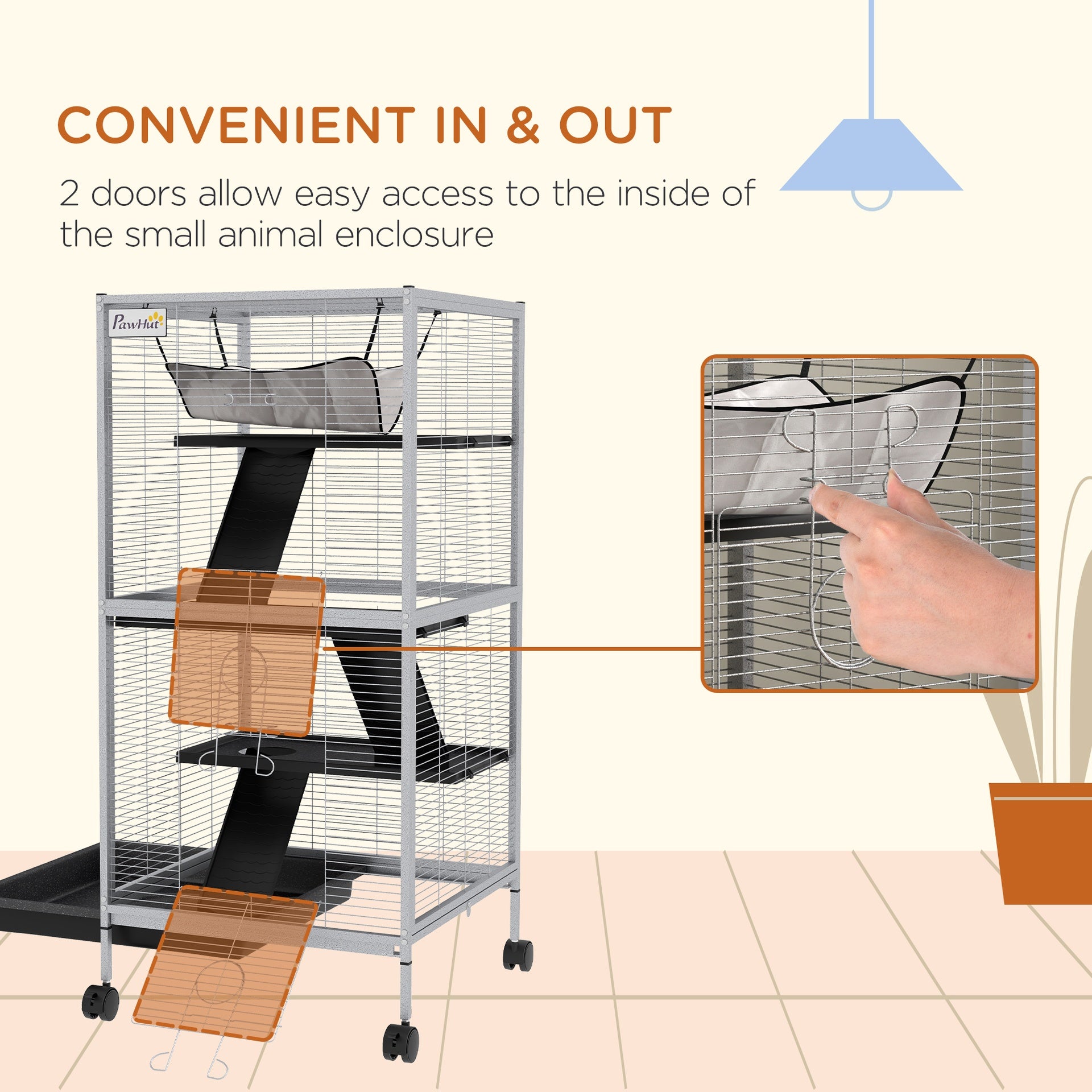 PawHut 45" H Rolling Small Animal Cage with Hammock, Ferret Cage, Chinchilla Cage, Pet Habitat with 6 Doors, Removable Tray
