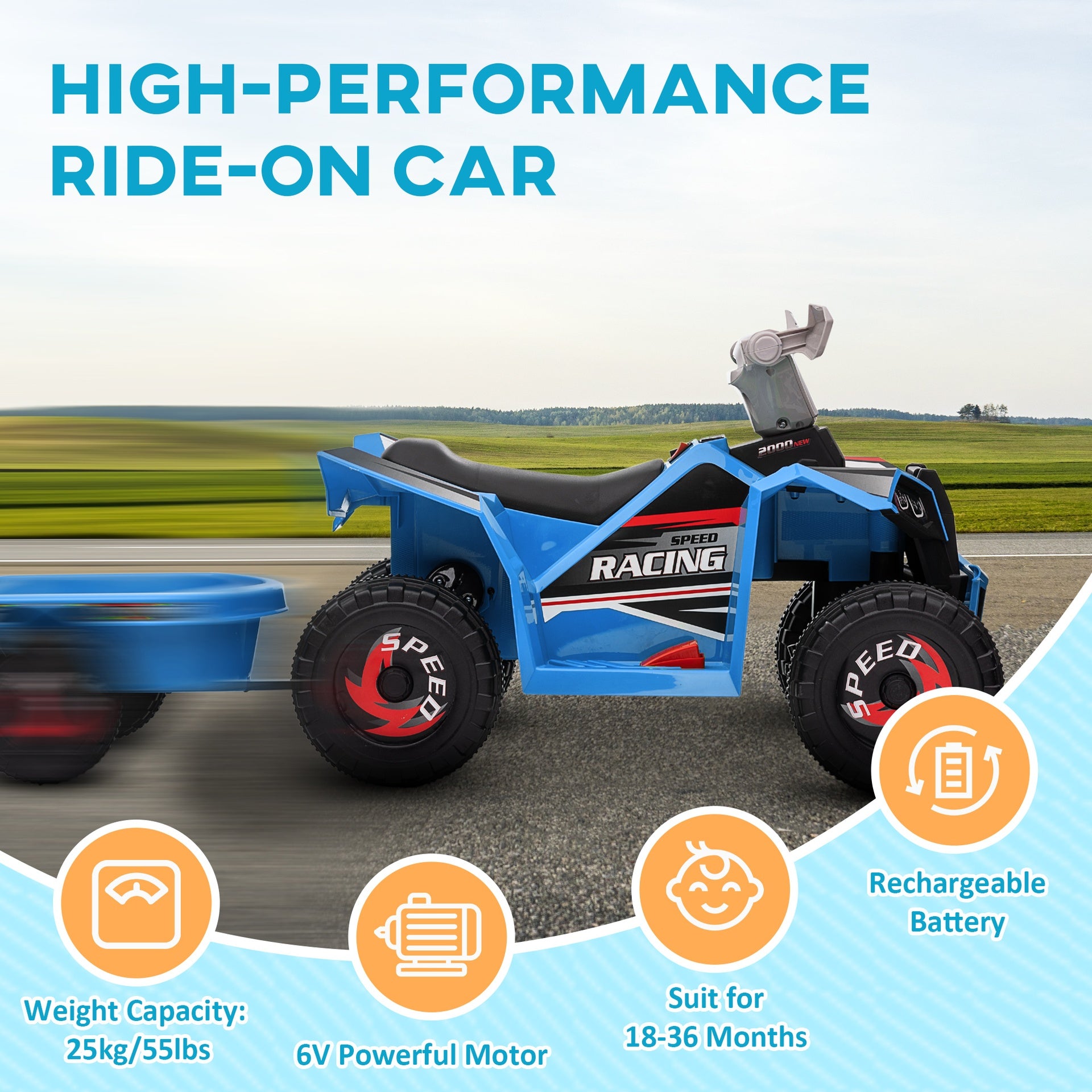 Aosom 6V Electric Toy Car with Back Trailer, Forward Backward, Wear-Resistant Wheels for Ages 18-36 Months, Blue