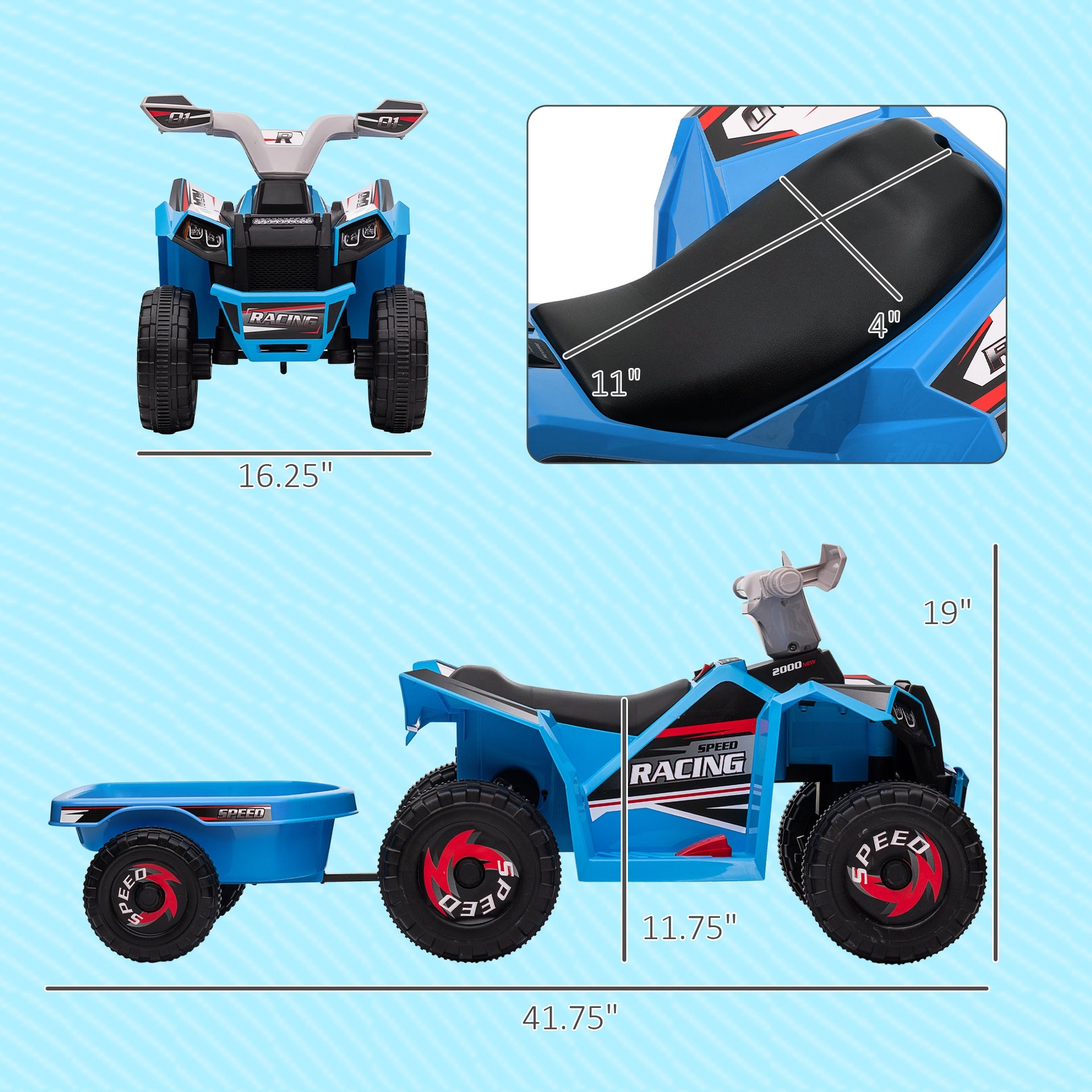Aosom 6V Electric Toy Car with Back Trailer, Forward Backward, Wear-Resistant Wheels for Ages 18-36 Months, Blue
