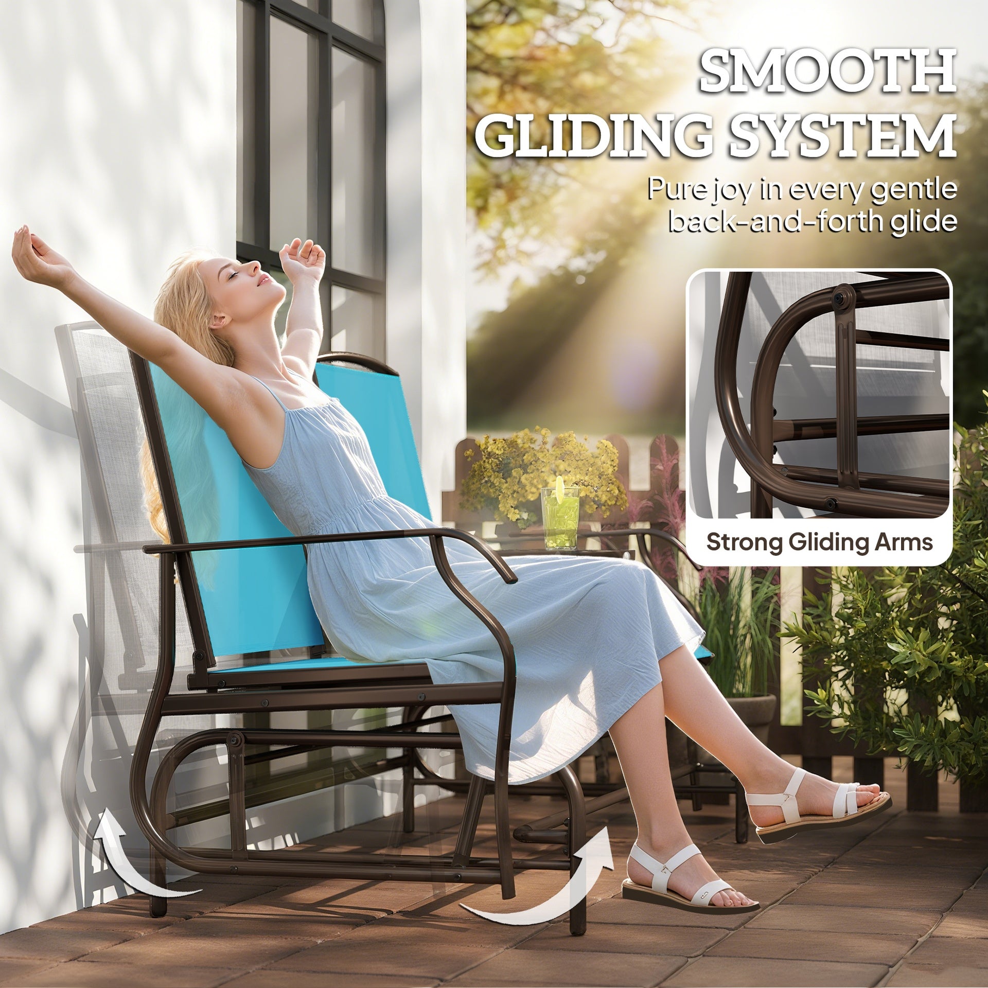 Outsunny 2 Seater Glider for Outside Outdoor Glider Seat with Breathable Mesh Fabric Armrests for Backyard Garden Porch Blue