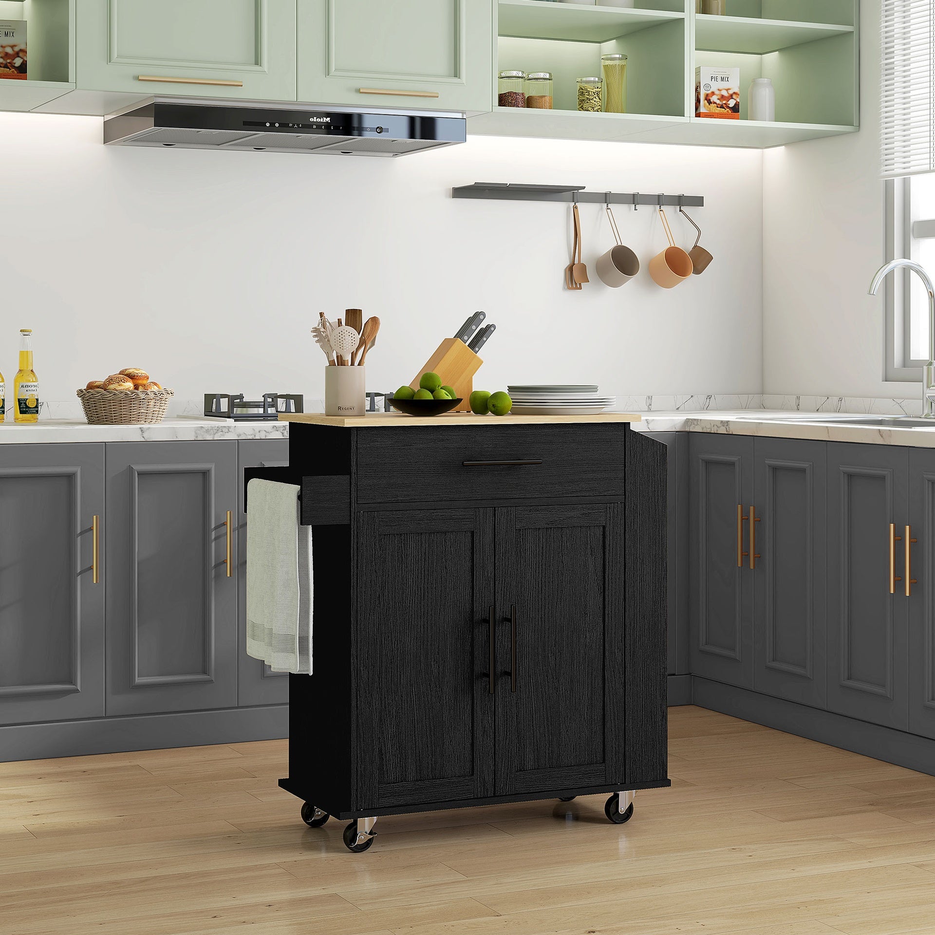 HOMCOM Rolling Island with Wheels for Kitchen, Kitchen Island on Rollers with Power Outlets, Drawer, and Doors, Black