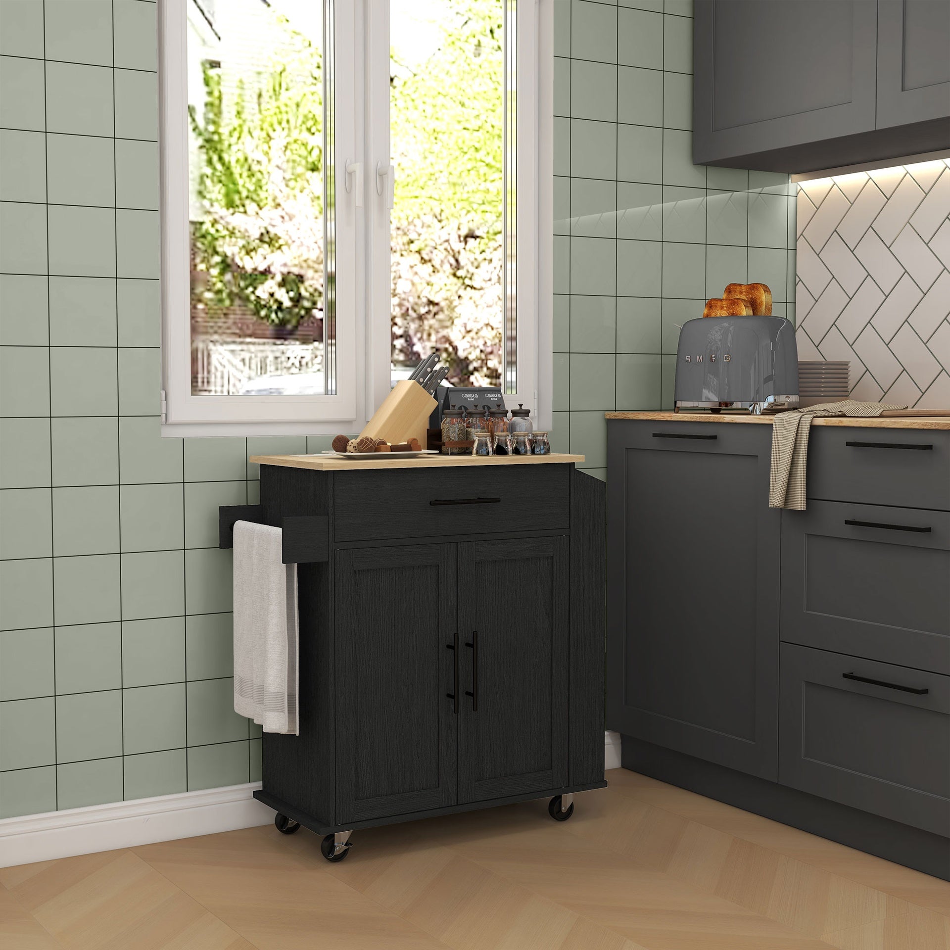 HOMCOM Rolling Island with Wheels for Kitchen, Kitchen Island on Rollers with Power Outlets, Drawer, and Doors, Black