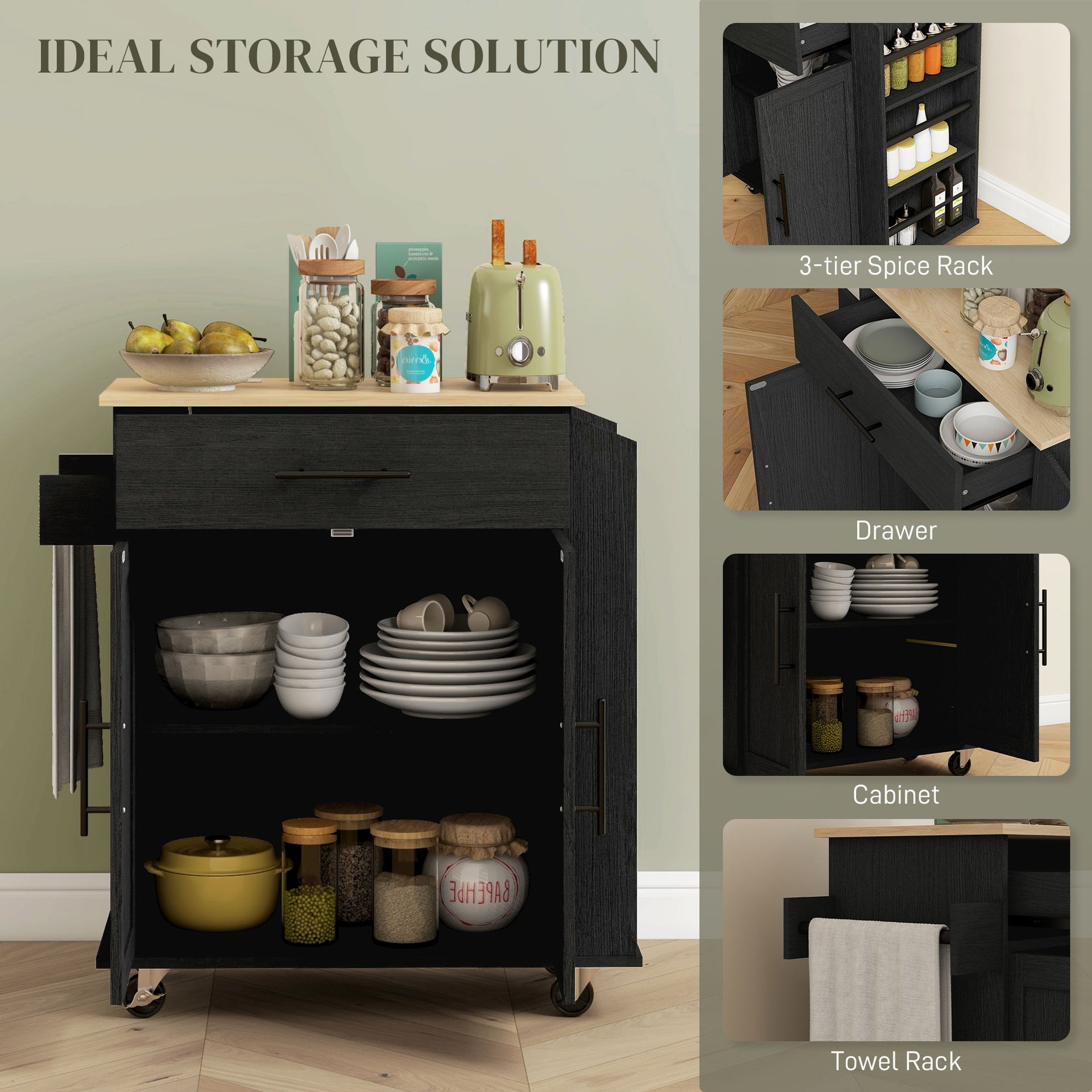 HOMCOM Rolling Island with Wheels for Kitchen, Kitchen Island on Rollers with Power Outlets, Drawer, and Doors, Black