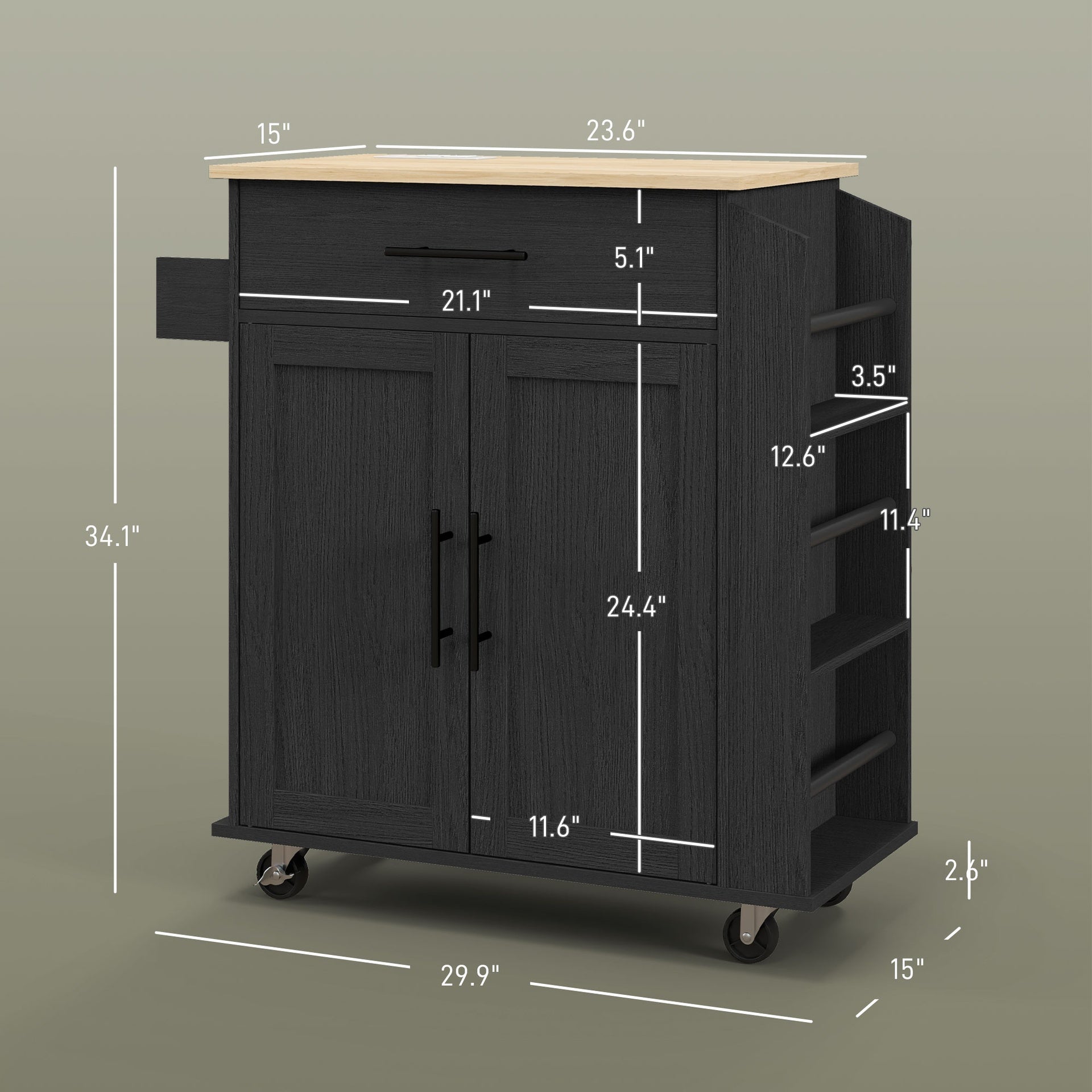 HOMCOM Rolling Island with Wheels for Kitchen, Kitchen Island on Rollers with Power Outlets, Drawer, and Doors, Black