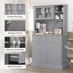 HOMCOM Kitchen Cabinet with Charging Station, 2 Tilt Out Cabinets, Microwave Stand, Freestanding Kitchen Pantry Cabinet, Gray