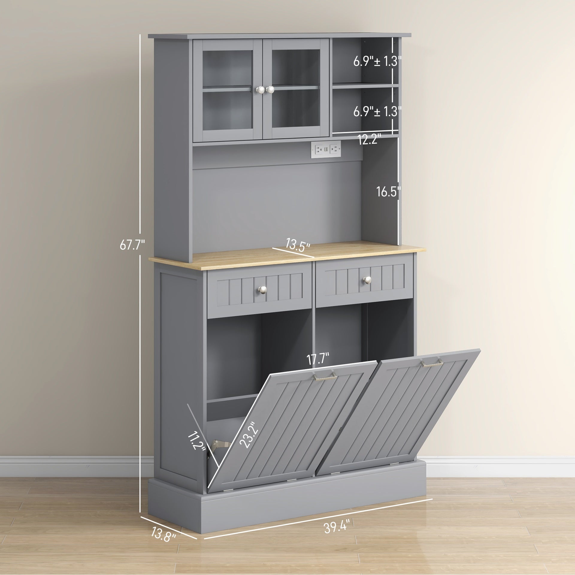 HOMCOM Kitchen Cabinet with Charging Station, 2 Tilt Out Cabinets, Microwave Stand, Freestanding Kitchen Pantry Cabinet, Gray