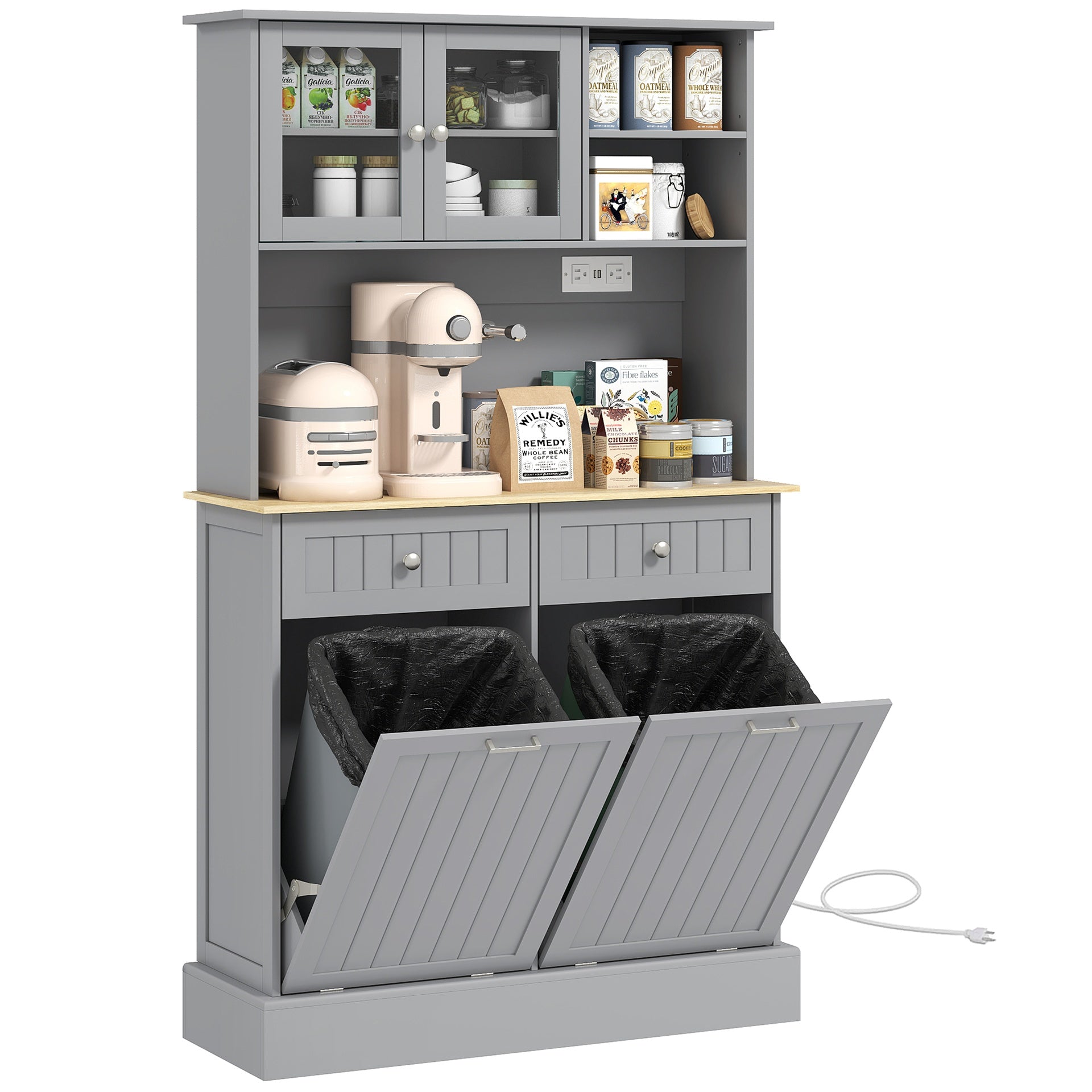 HOMCOM Kitchen Cabinet with Charging Station, 2 Tilt Out Cabinets, Microwave Stand, Freestanding Kitchen Pantry Cabinet, Gray