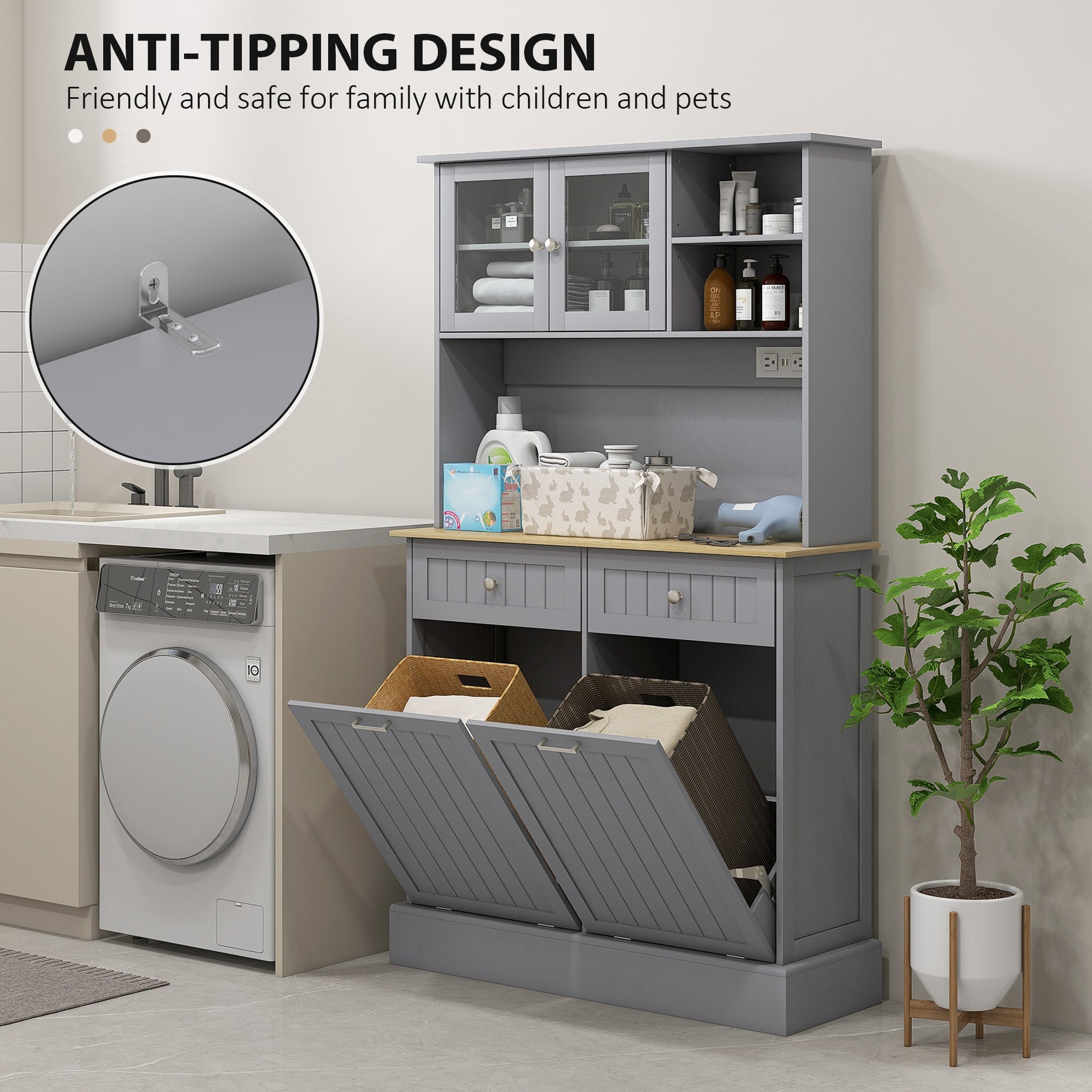 HOMCOM Kitchen Cabinet with Charging Station, 2 Tilt Out Cabinets, Microwave Stand, Freestanding Kitchen Pantry Cabinet, Gray