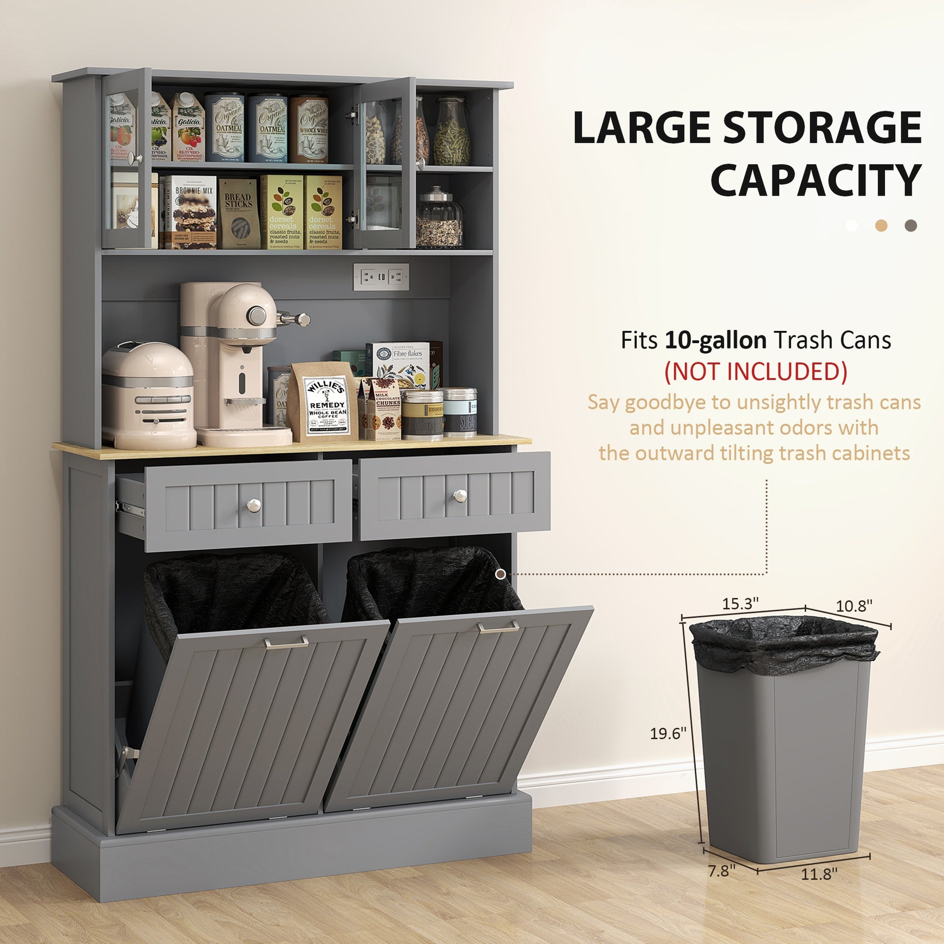 HOMCOM Kitchen Cabinet with Charging Station, 2 Tilt Out Cabinets, Microwave Stand, Freestanding Kitchen Pantry Cabinet, Gray